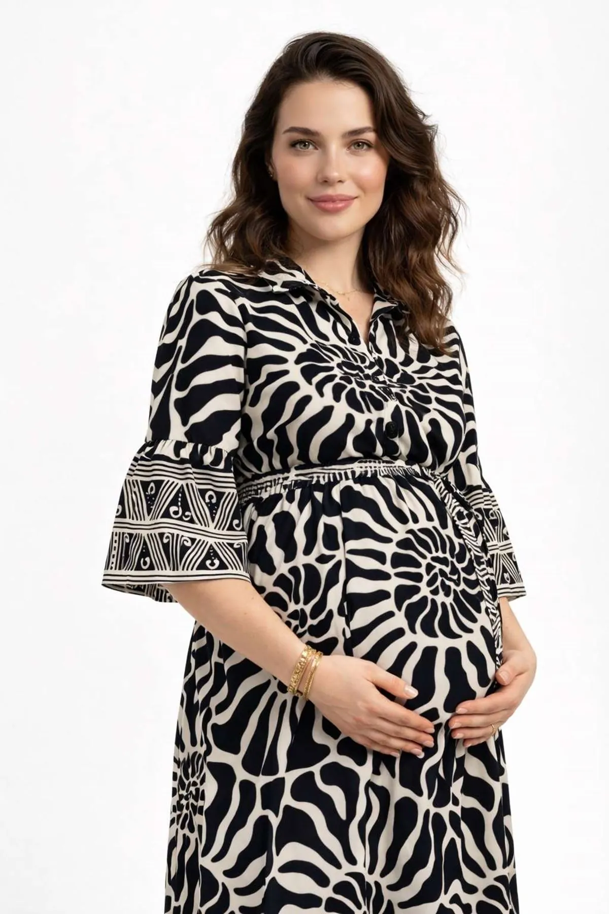 Women's 100% Cotton Black Maternity Shirt Dress — Belted, Pocketed & Button-Front