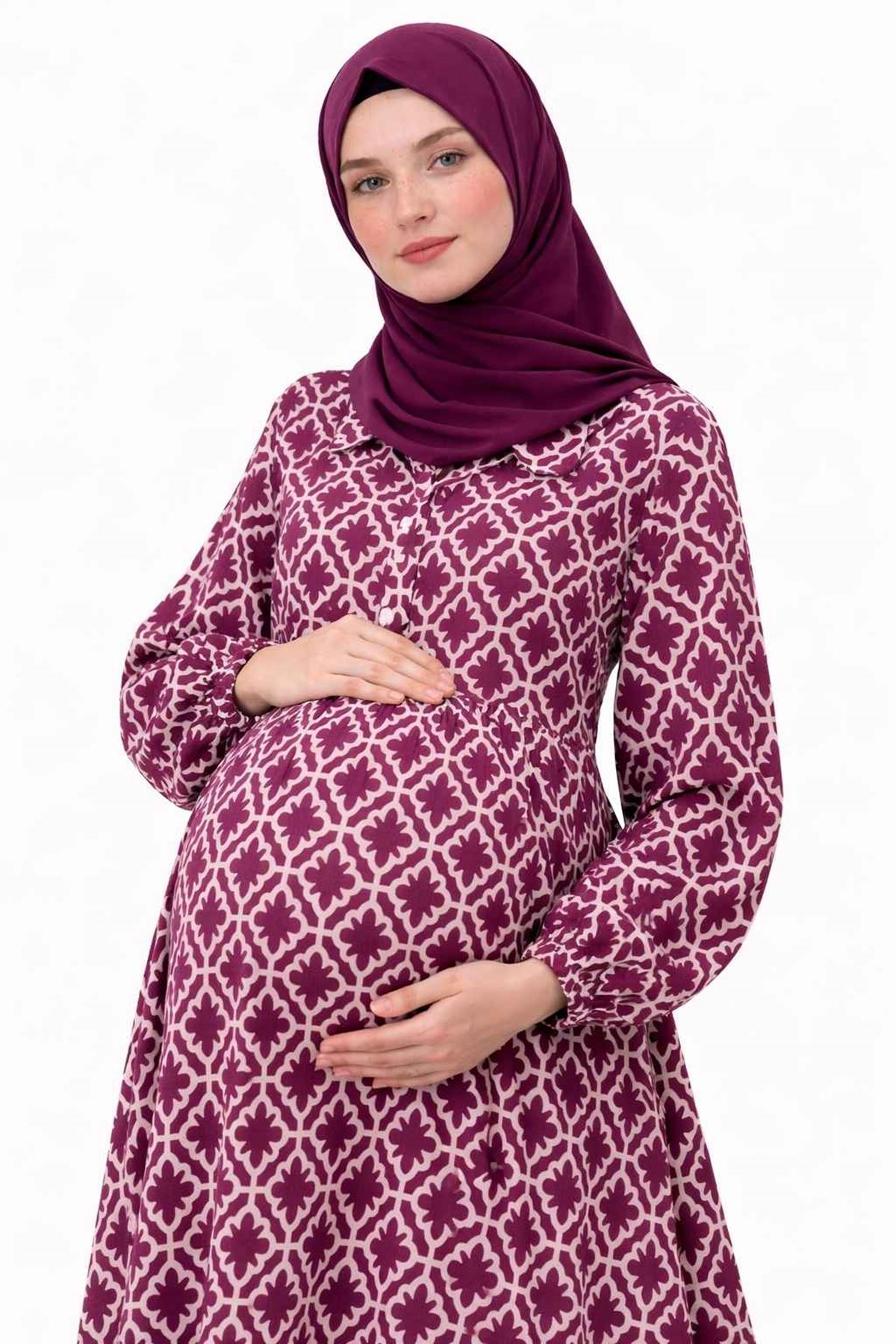 Kadın Önden Düğmeli Nakışlı Cepli Bordo Hamile Tesettür Elbise