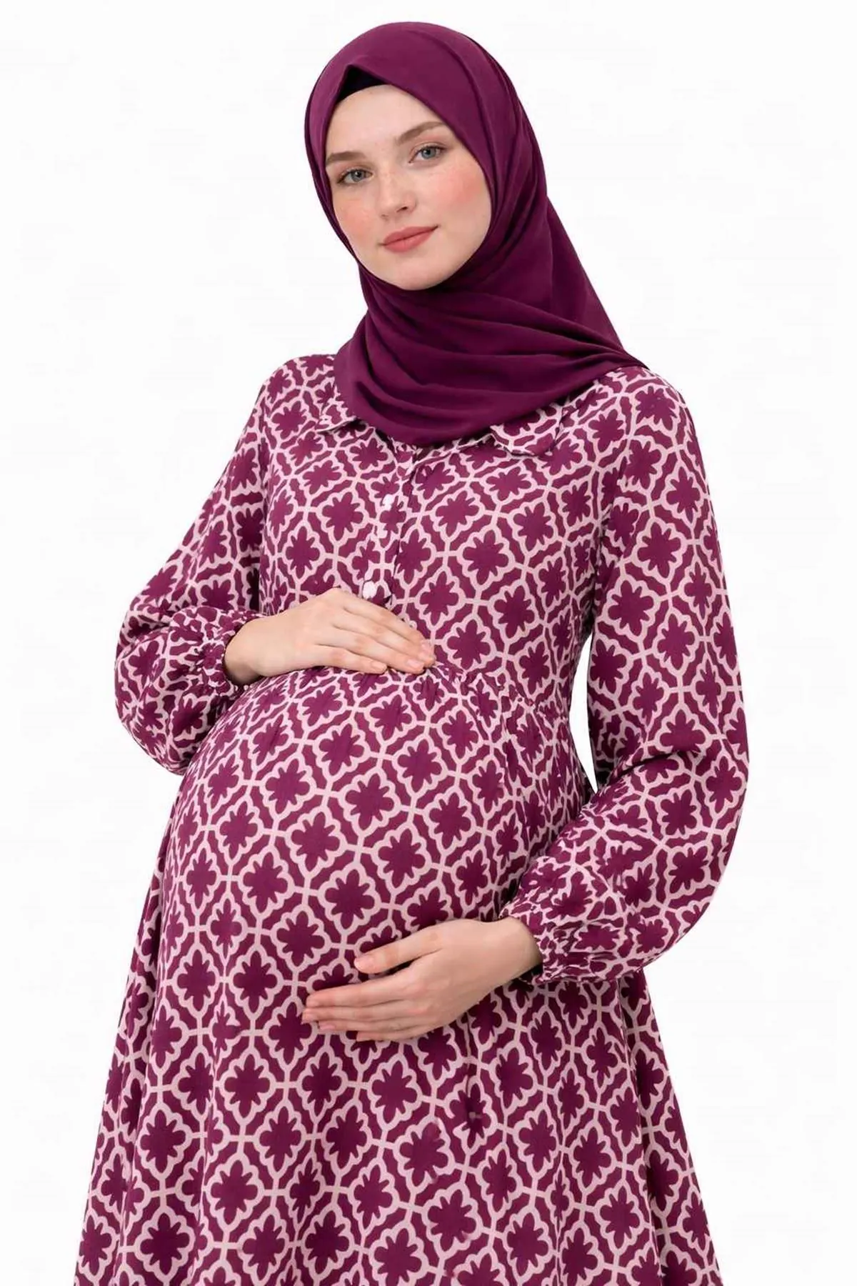 Women's Burgundy Modest Maternity Dress — Button-Front, Turquoise Embroidery & Pockets