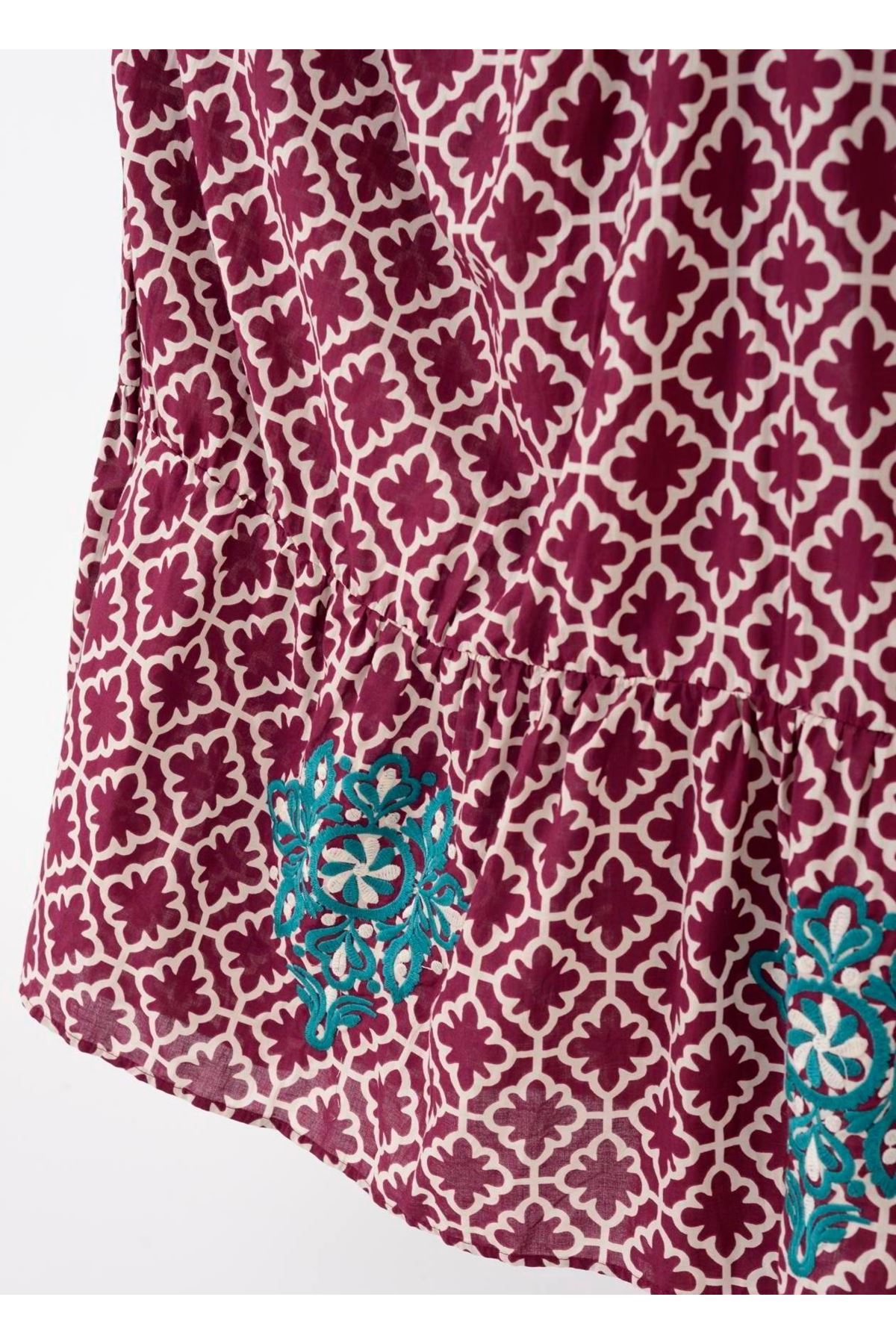 Kadın Önden Düğmeli Nakışlı Cepli Bordo Hamile Tesettür Elbise