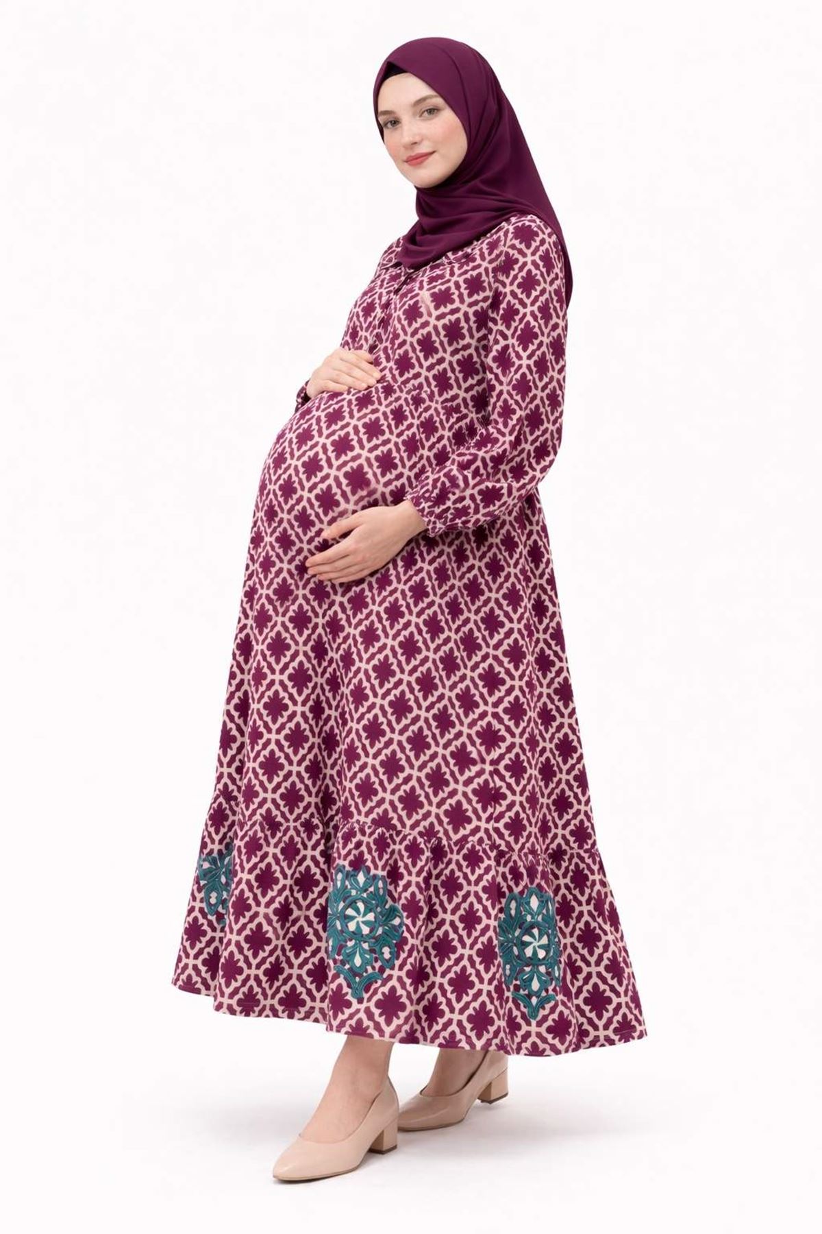 Kadın Önden Düğmeli Nakışlı Cepli Bordo Hamile Tesettür Elbise