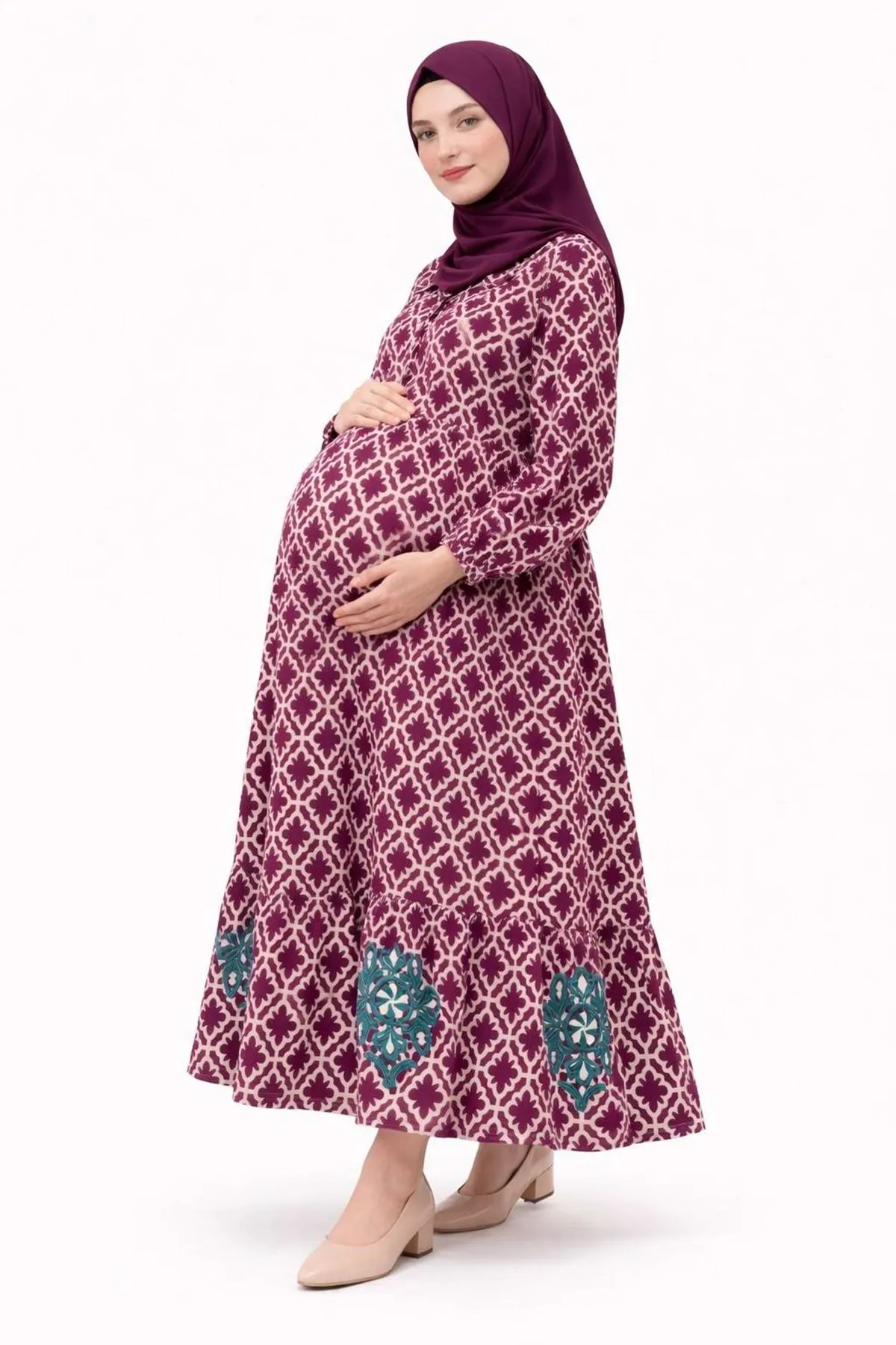 Women's Burgundy Modest Maternity Dress — Button-Front, Turquoise Embroidery & Pockets
