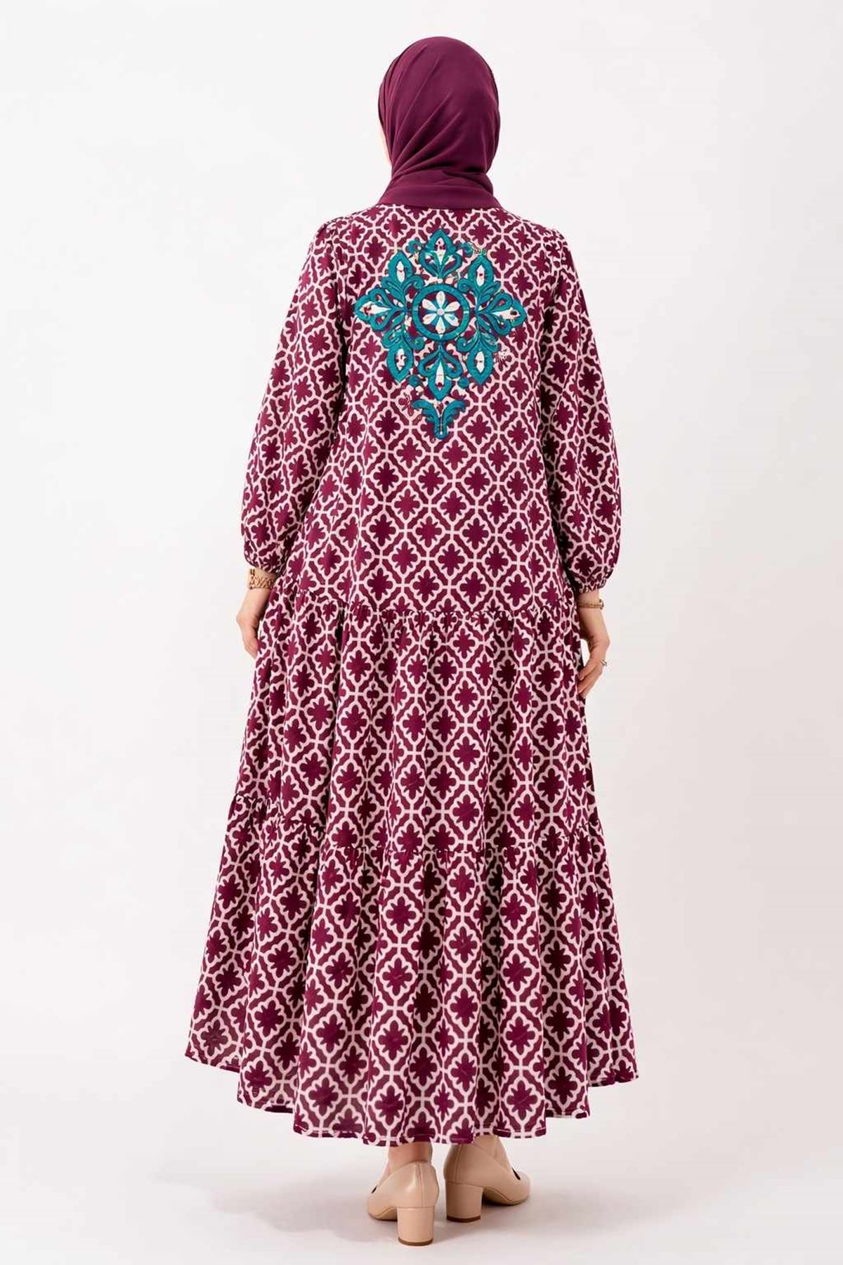 Kadın Önden Düğmeli Nakışlı Cepli Bordo Hamile Tesettür Elbise