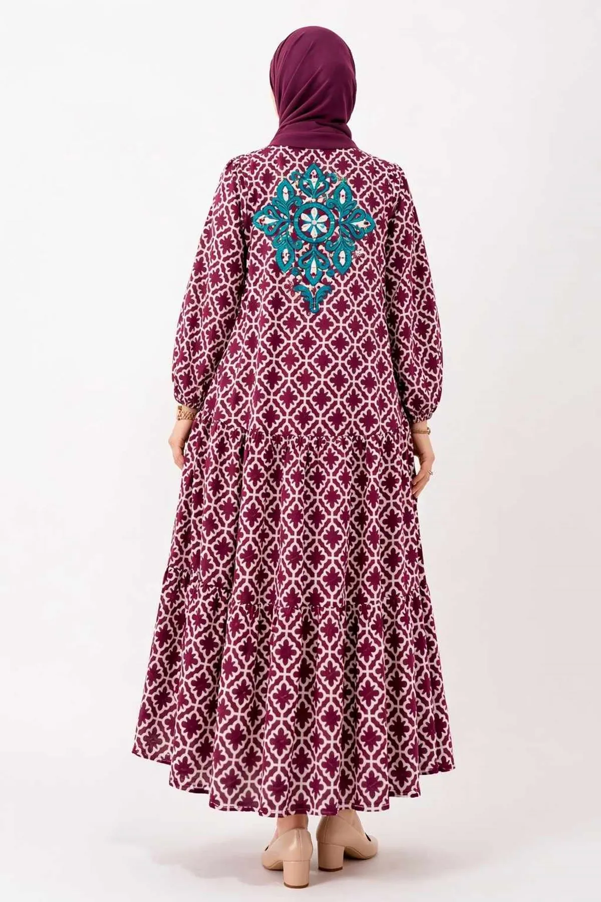 Women's Burgundy Modest Maternity Dress — Button-Front, Turquoise Embroidery & Pockets