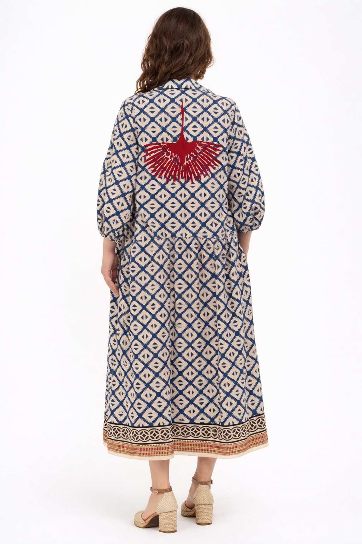 Kadın Marin Desenli Anka Kuşu Nakış Detaylı Önden Düğmeli Gömlek Yaka Lacivert Hamile Elbisesi