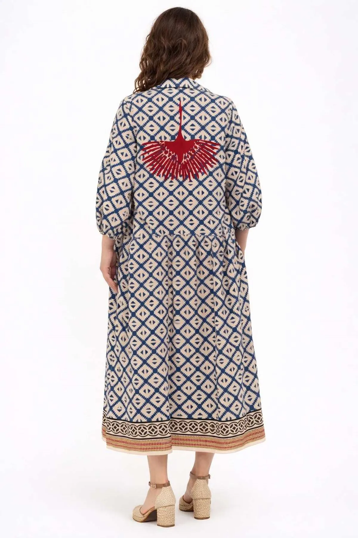 Women's 100% Cotton Navy Modest Maternity Dress — Phoenix Embroidery, Marine Print & Button-Front