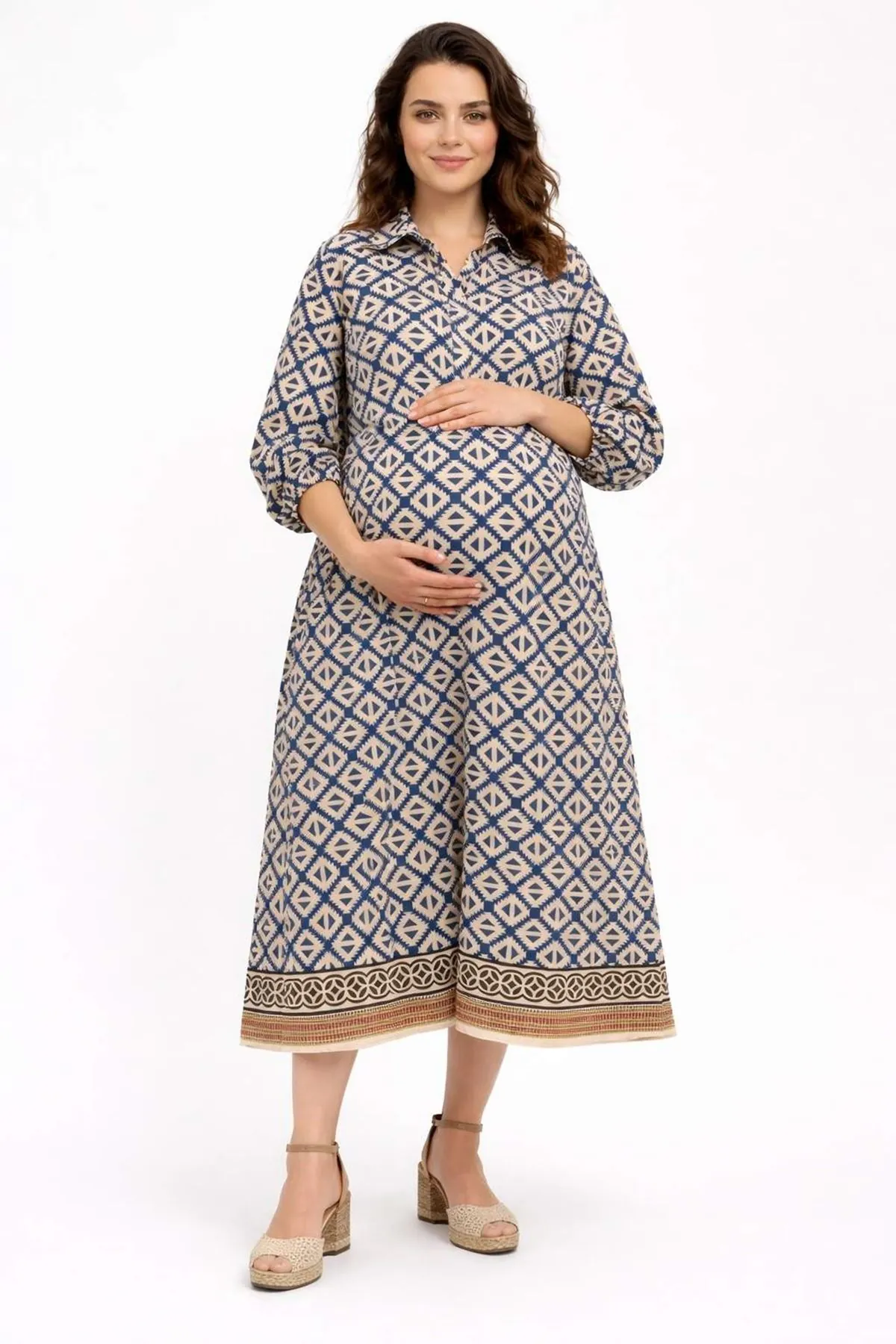Women's 100% Cotton Navy Modest Maternity Dress — Phoenix Embroidery, Marine Print & Button-Front