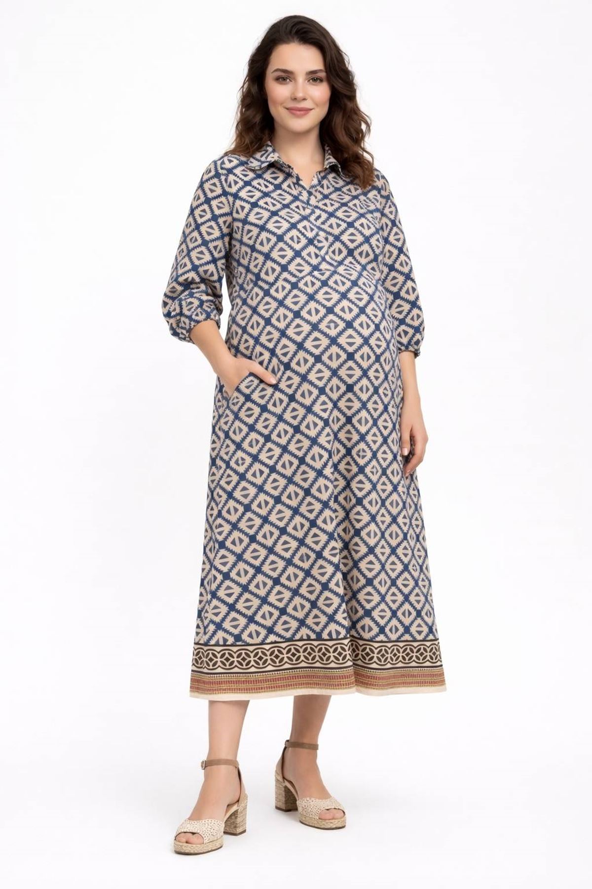 Kadın Marin Desenli Anka Kuşu Nakış Detaylı Önden Düğmeli Gömlek Yaka Lacivert Hamile Elbisesi