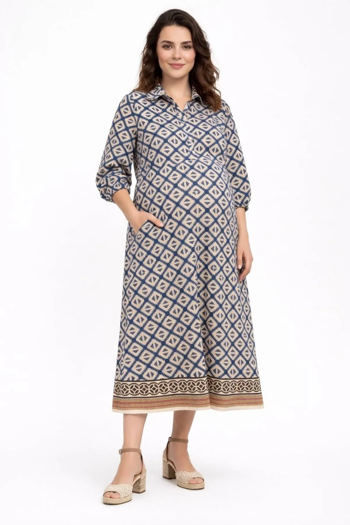 Women's 100% Cotton Navy Modest Maternity Dress — Phoenix Embroidery, Marine Print & Button-Front