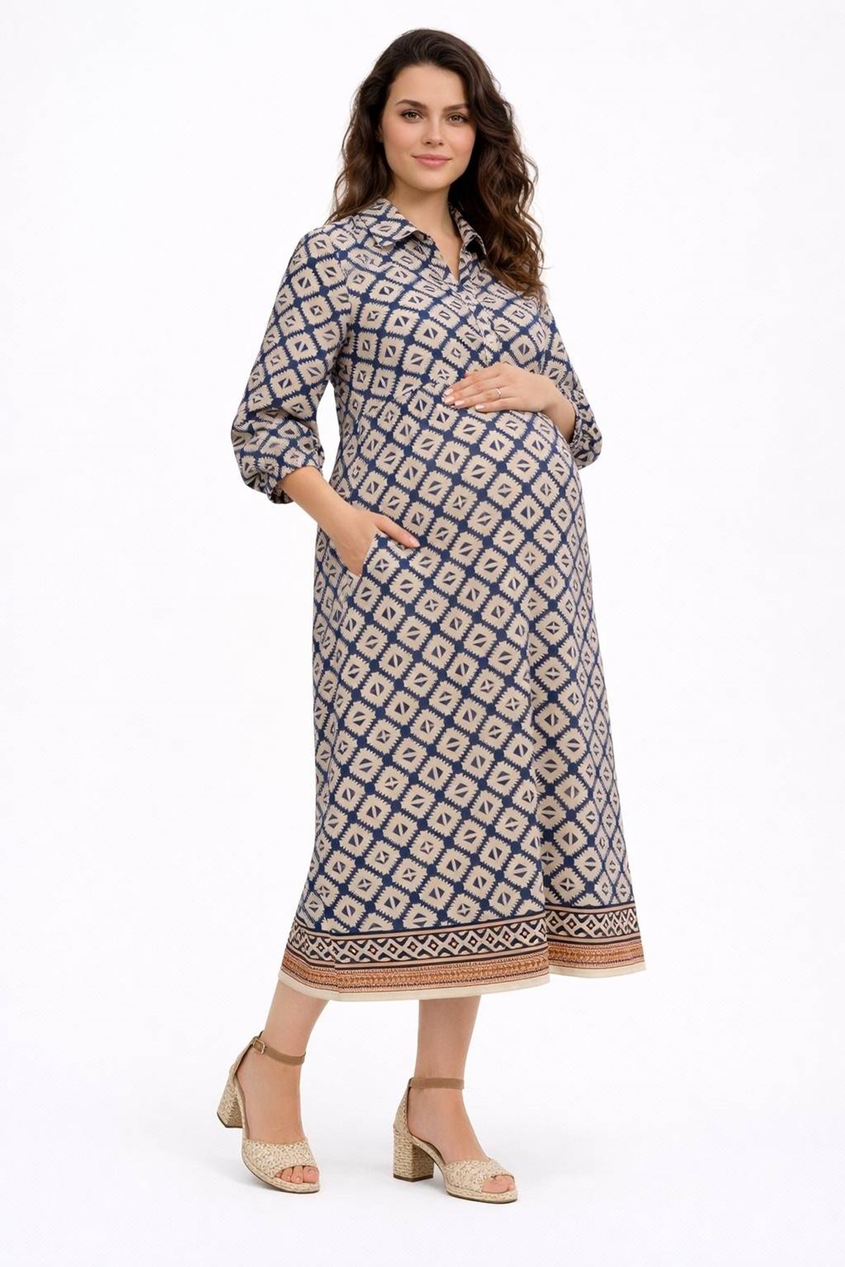 Kadın Marin Desenli Anka Kuşu Nakış Detaylı Önden Düğmeli Gömlek Yaka Lacivert Hamile Elbisesi