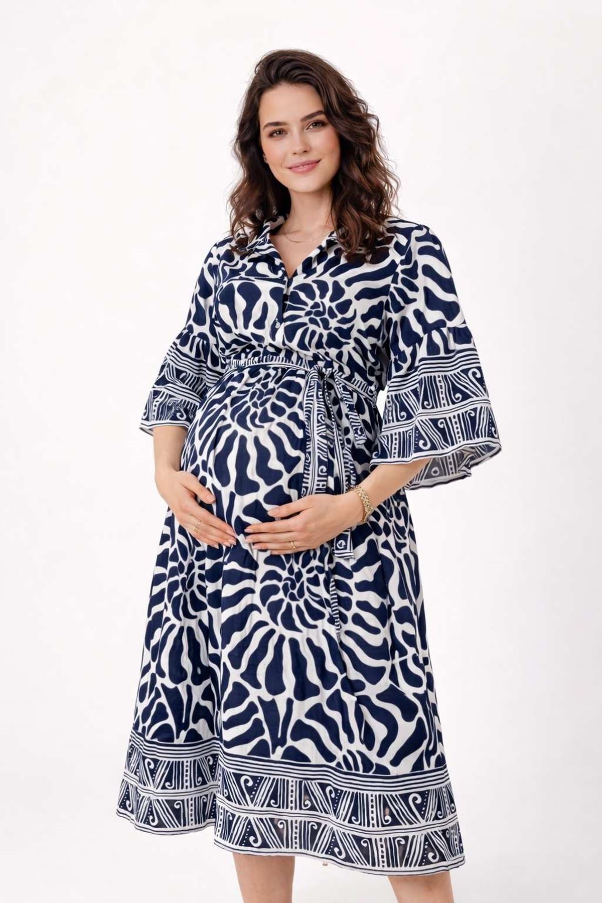 %100 Pamuklu Kadın Kuşaklı ve Cepli Yazlık Lacivert Gömlek Yaka Hamile Elbisesi