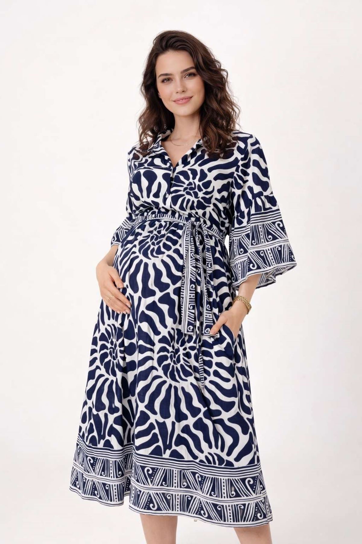 %100 Pamuklu Kadın Kuşaklı ve Cepli Yazlık Lacivert Gömlek Yaka Hamile Elbisesi