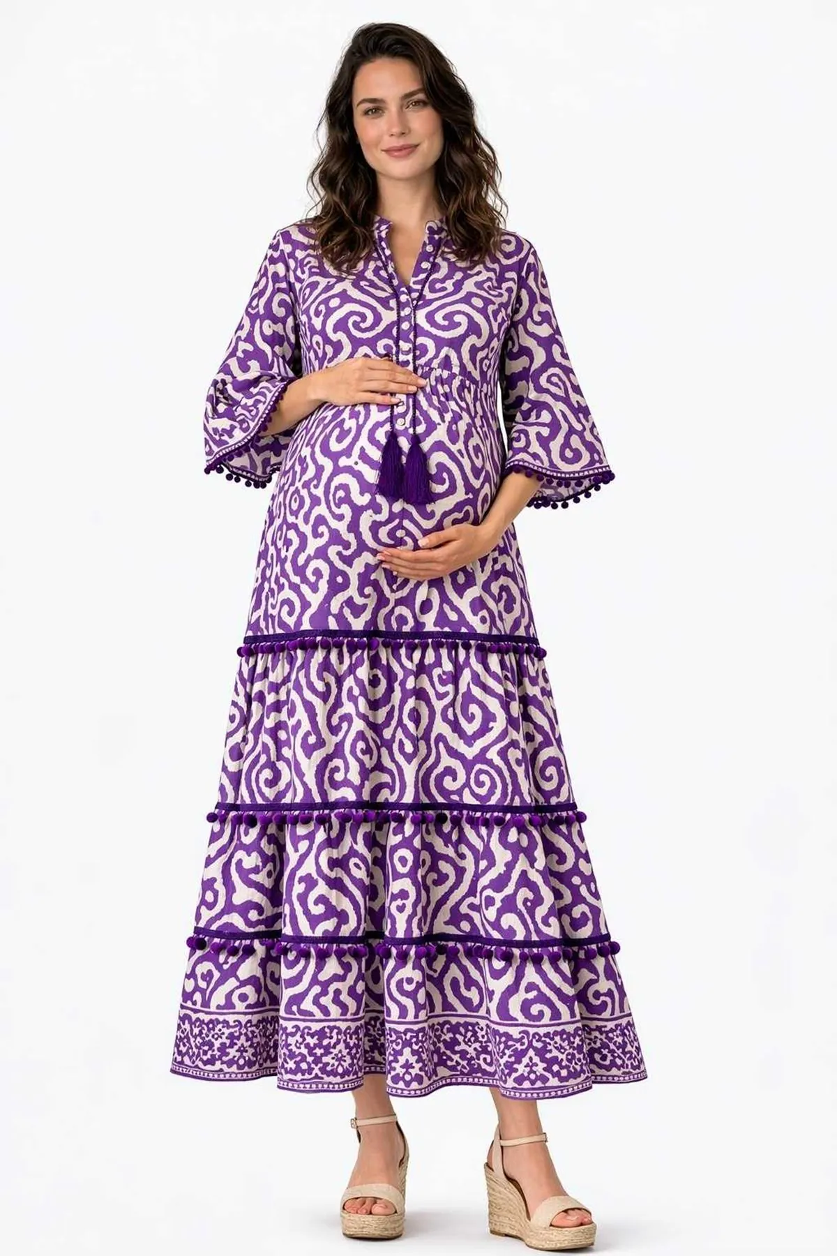 Women's 100% Cotton Purple Boho Maternity Dress — Tassel Tie, Pom-Pom & Ethnic Print