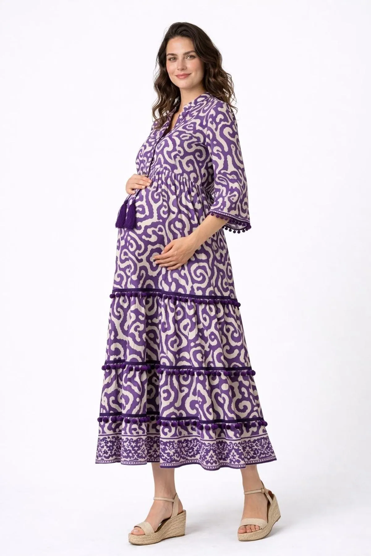 Women's 100% Cotton Purple Boho Maternity Dress — Tassel Tie, Pom-Pom & Ethnic Print