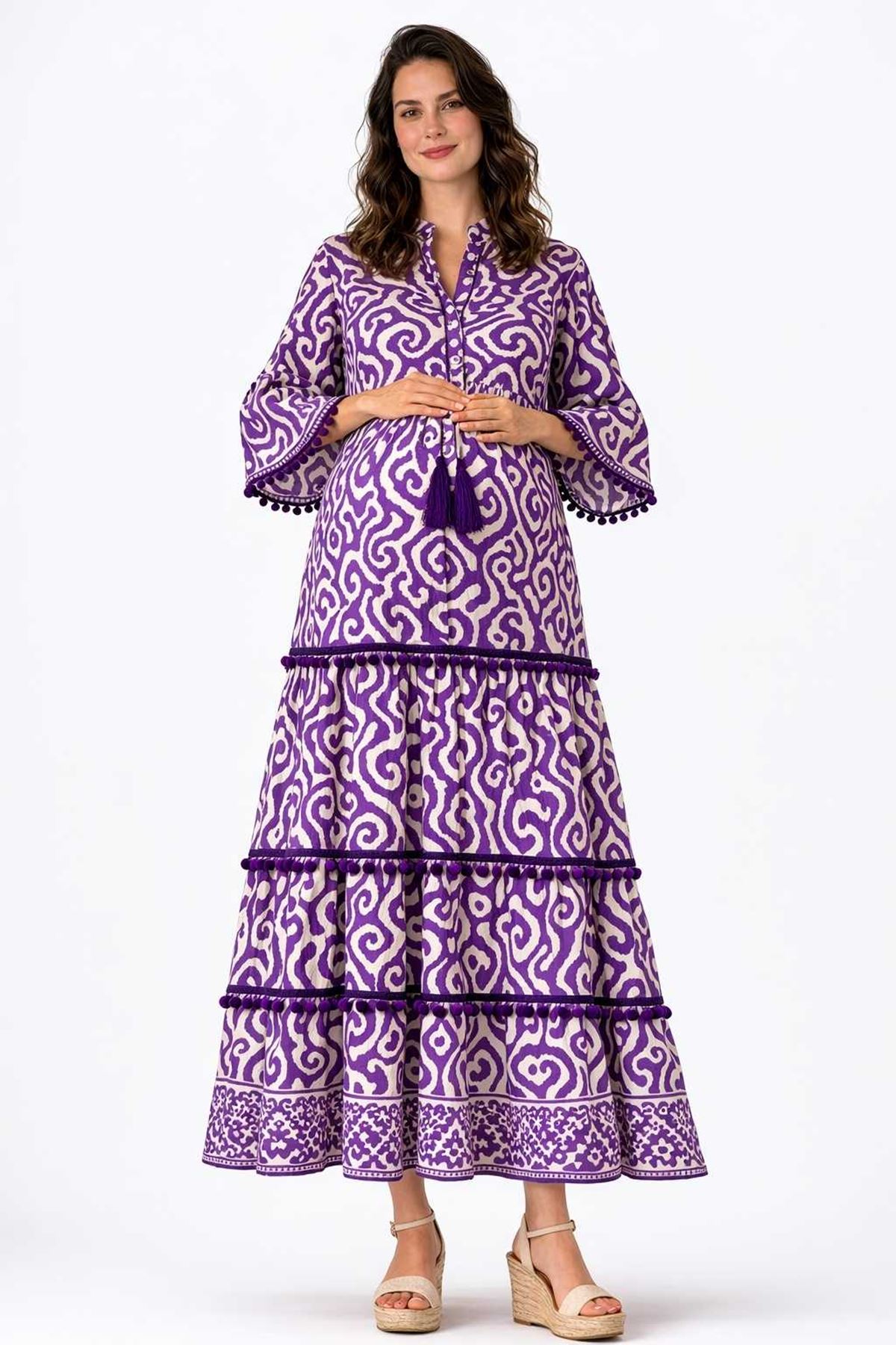 Kadın %100 Pamuklu Püsküllü Mor Bohem Hamile Elbisesi