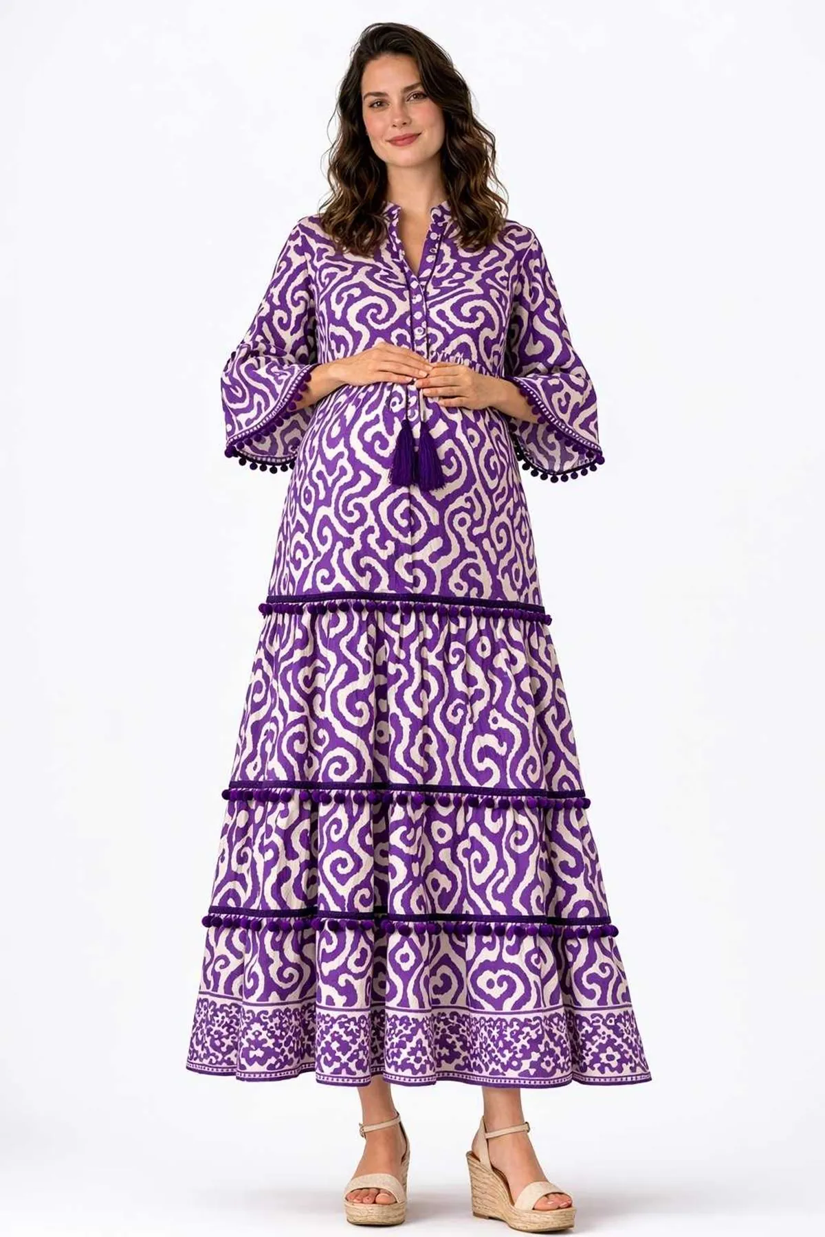 Women's 100% Cotton Purple Boho Maternity Dress — Tassel Tie, Pom-Pom & Ethnic Print