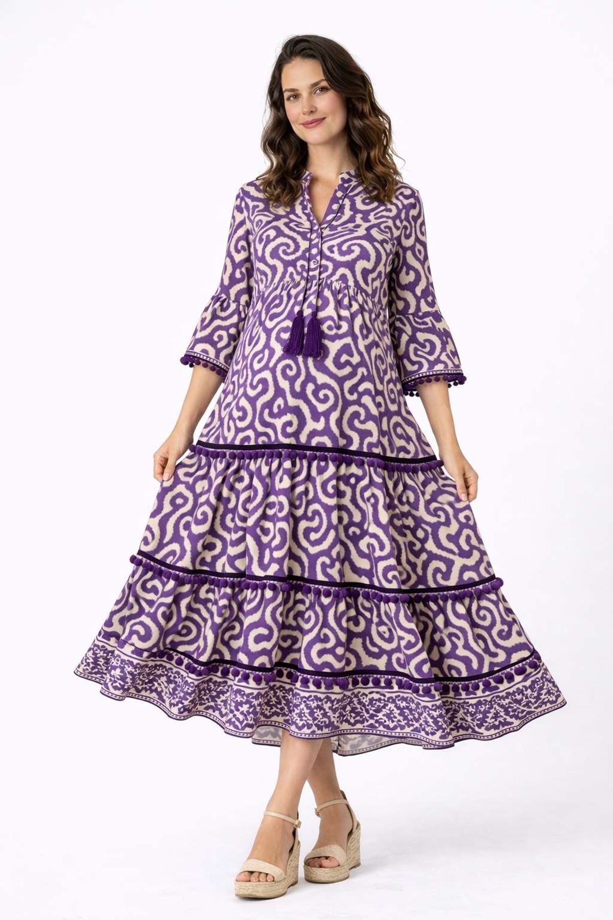Kadın %100 Pamuklu Püsküllü Mor Bohem Hamile Elbisesi