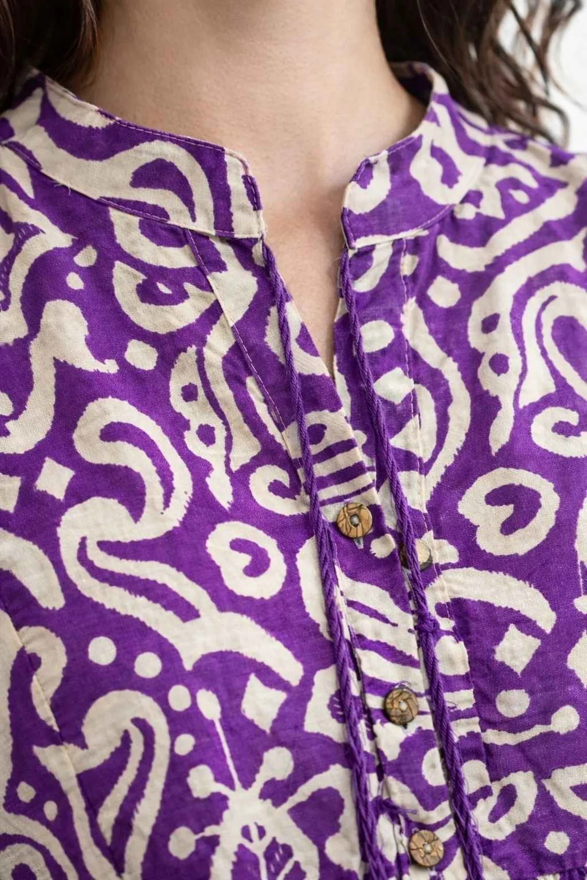 Women's 100% Cotton Purple Boho Maternity Dress — Tassel Tie, Pom-Pom & Ethnic Print
