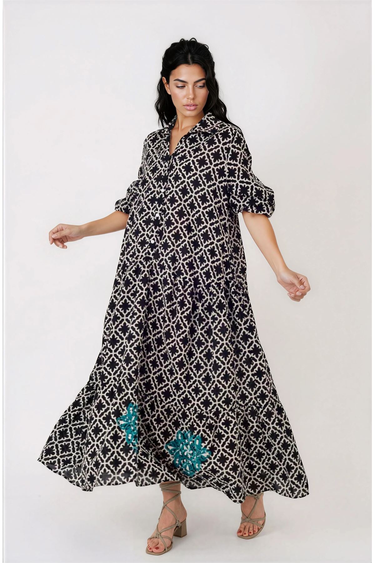 Kadın Desenli Nakış İşlemeli Pamuklu Maxi Cepli Siyah Uzun Gömlek Elbise