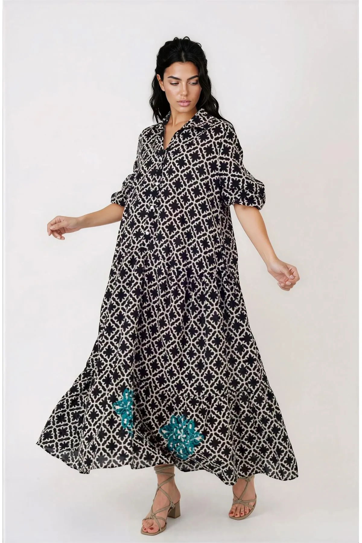 Women's Black Cotton Maxi Shirt Dress — Embroidered, Pocketed & One Size