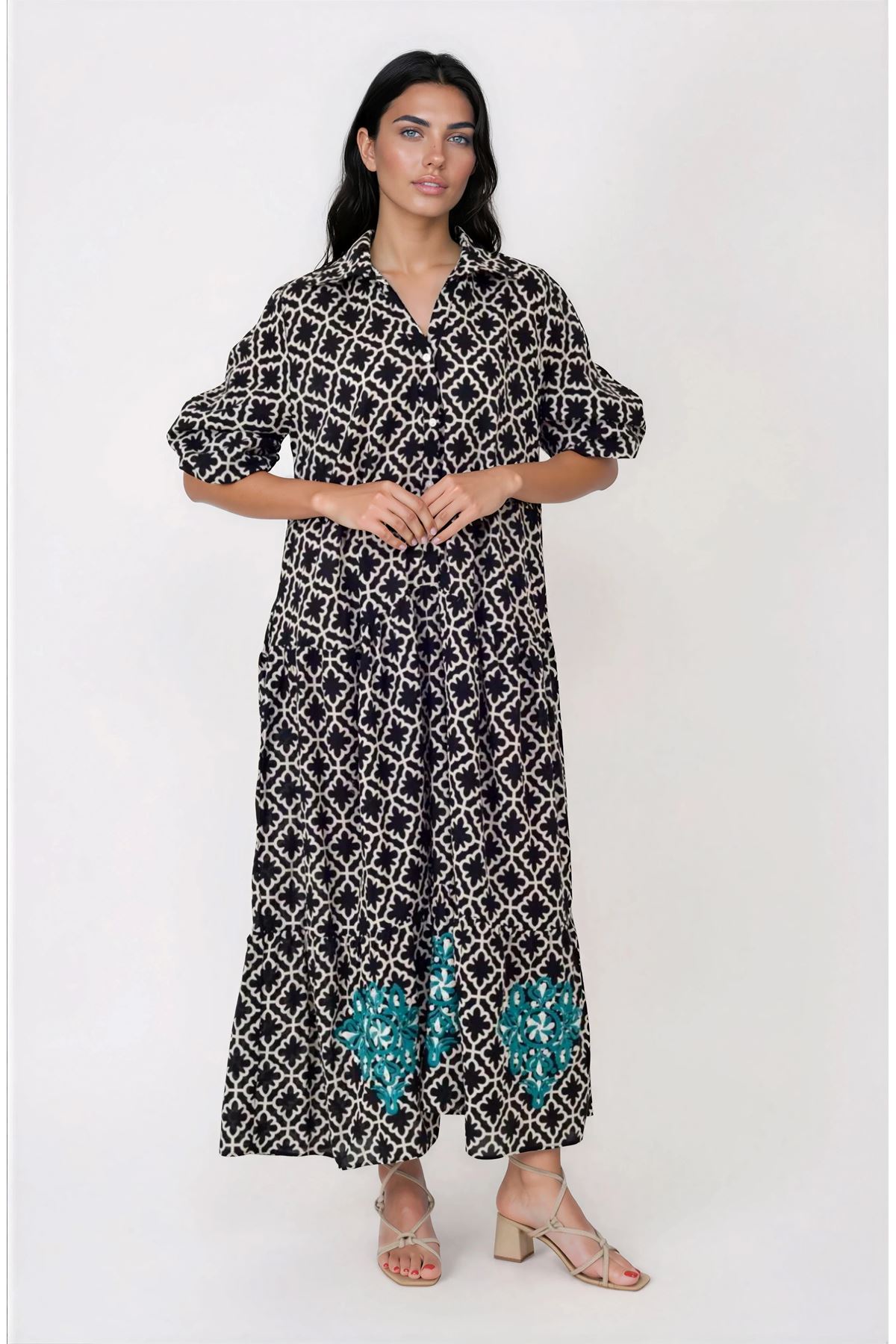 Kadın Desenli Nakış İşlemeli Pamuklu Maxi Cepli Siyah Uzun Gömlek Elbise