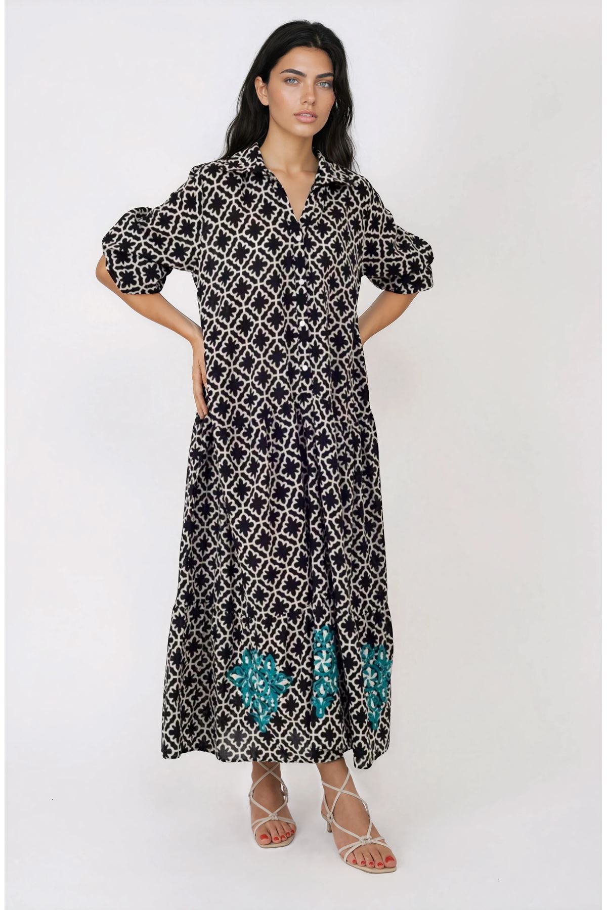 Kadın Desenli Nakış İşlemeli Pamuklu Maxi Cepli Siyah Uzun Gömlek Elbise