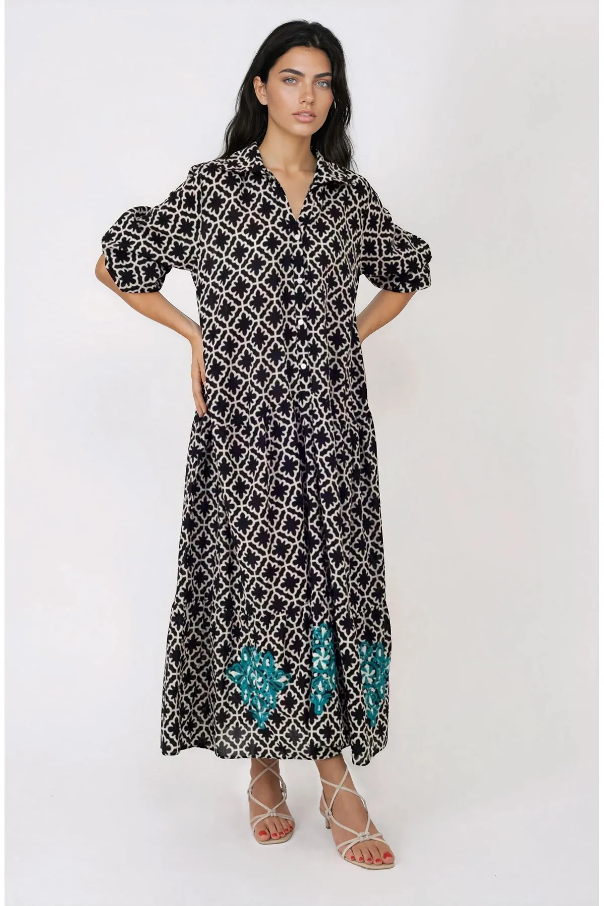 Women's Black Cotton Maxi Shirt Dress — Embroidered, Pocketed & One Size