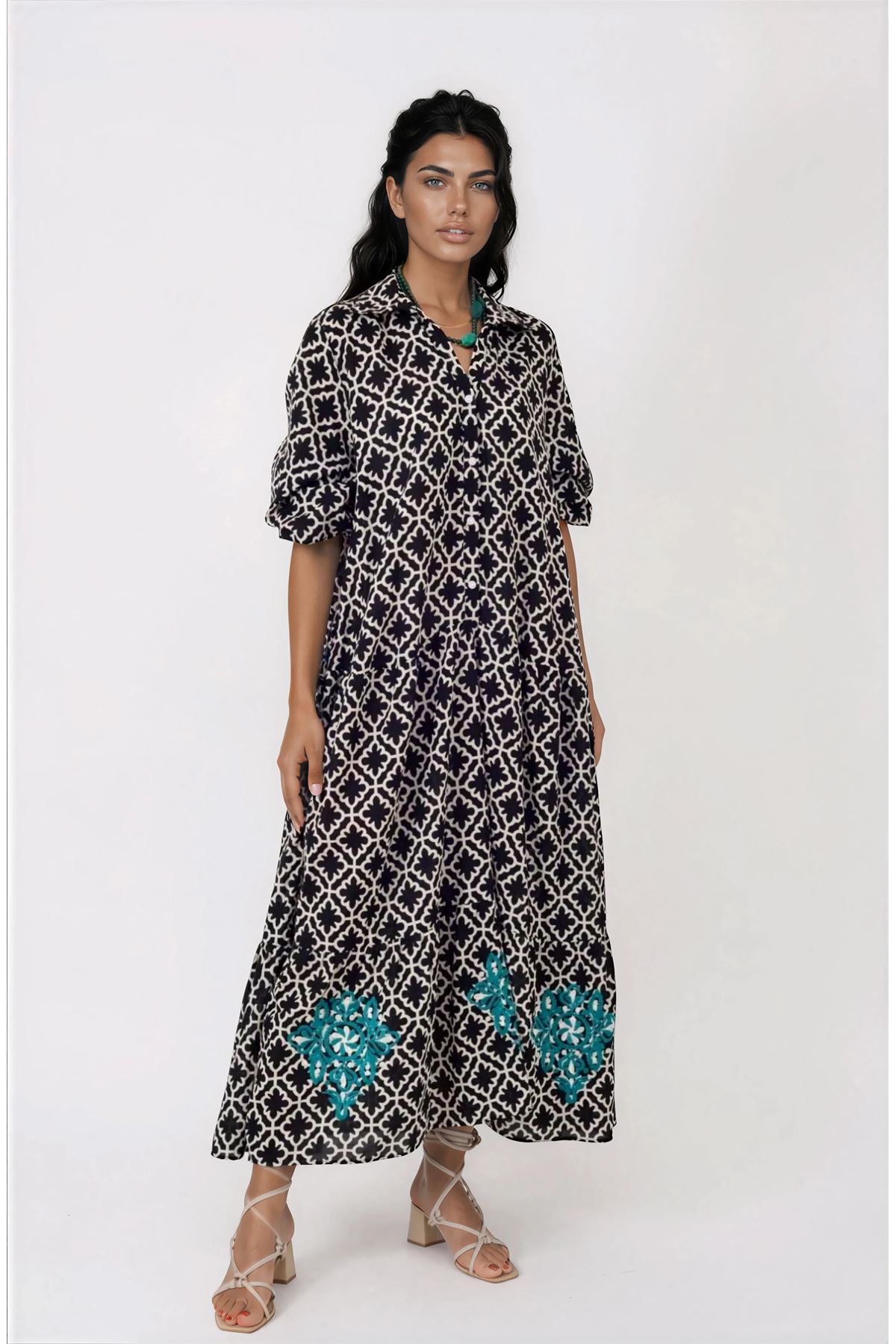 Kadın Desenli Nakış İşlemeli Pamuklu Maxi Cepli Siyah Uzun Gömlek Elbise