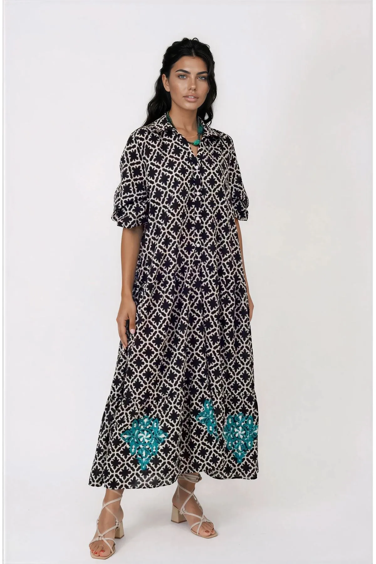 Women's Black Cotton Maxi Shirt Dress — Embroidered, Pocketed & One Size