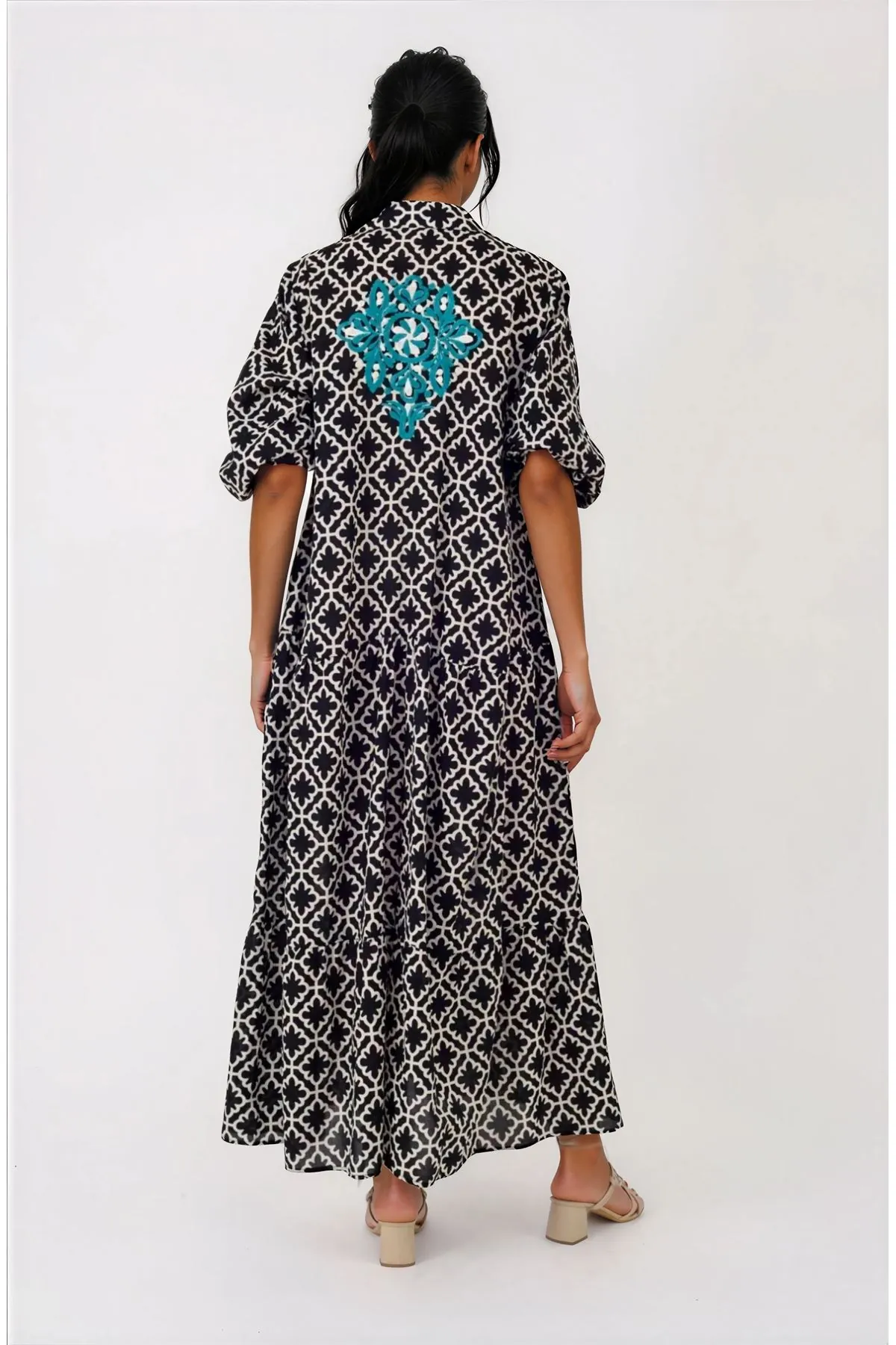 Women's Black Cotton Maxi Shirt Dress — Embroidered, Pocketed & One Size