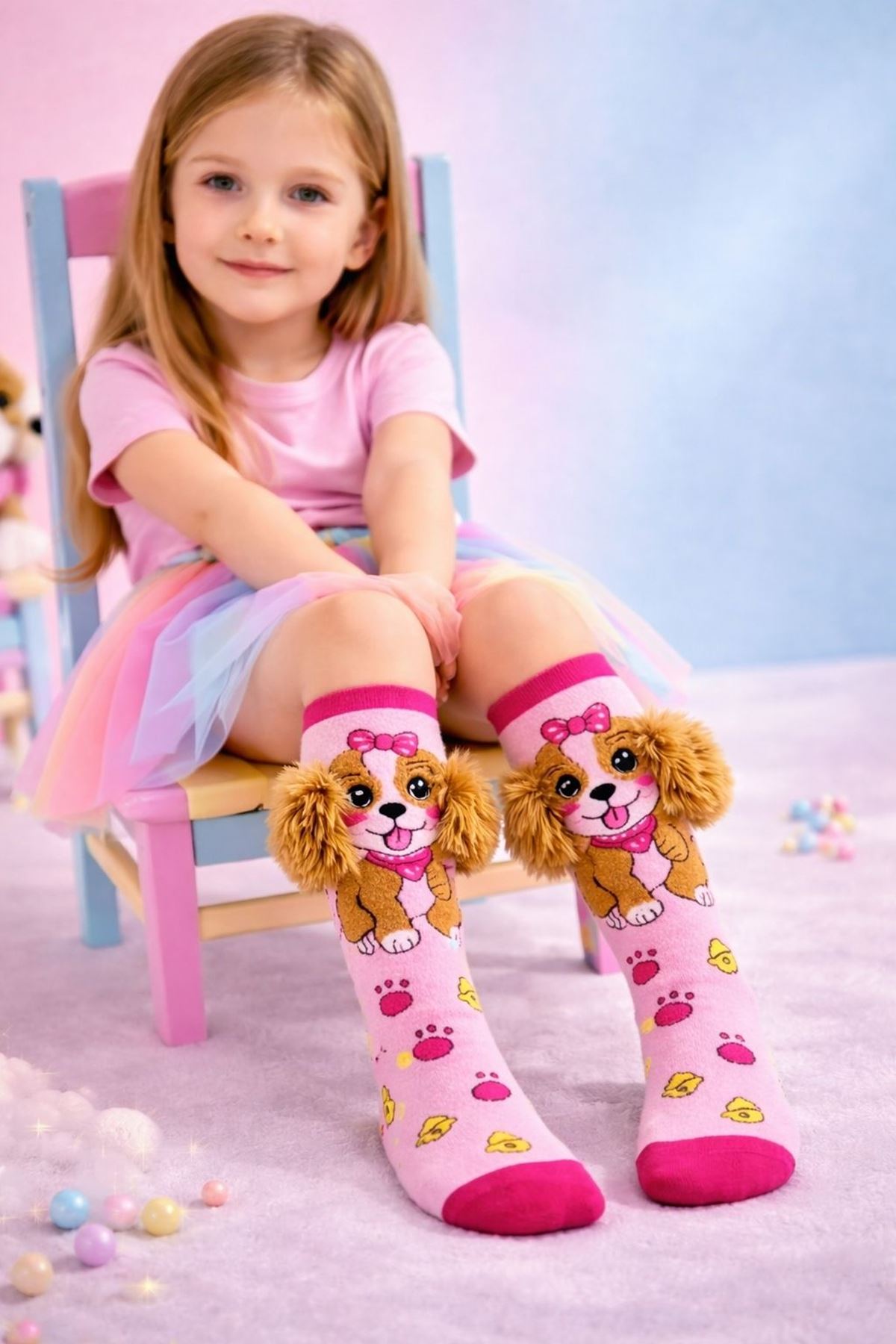 Girls' 3D Plush Ear Dog Knee-High Socks — Pink, 100% Cotton 🐶