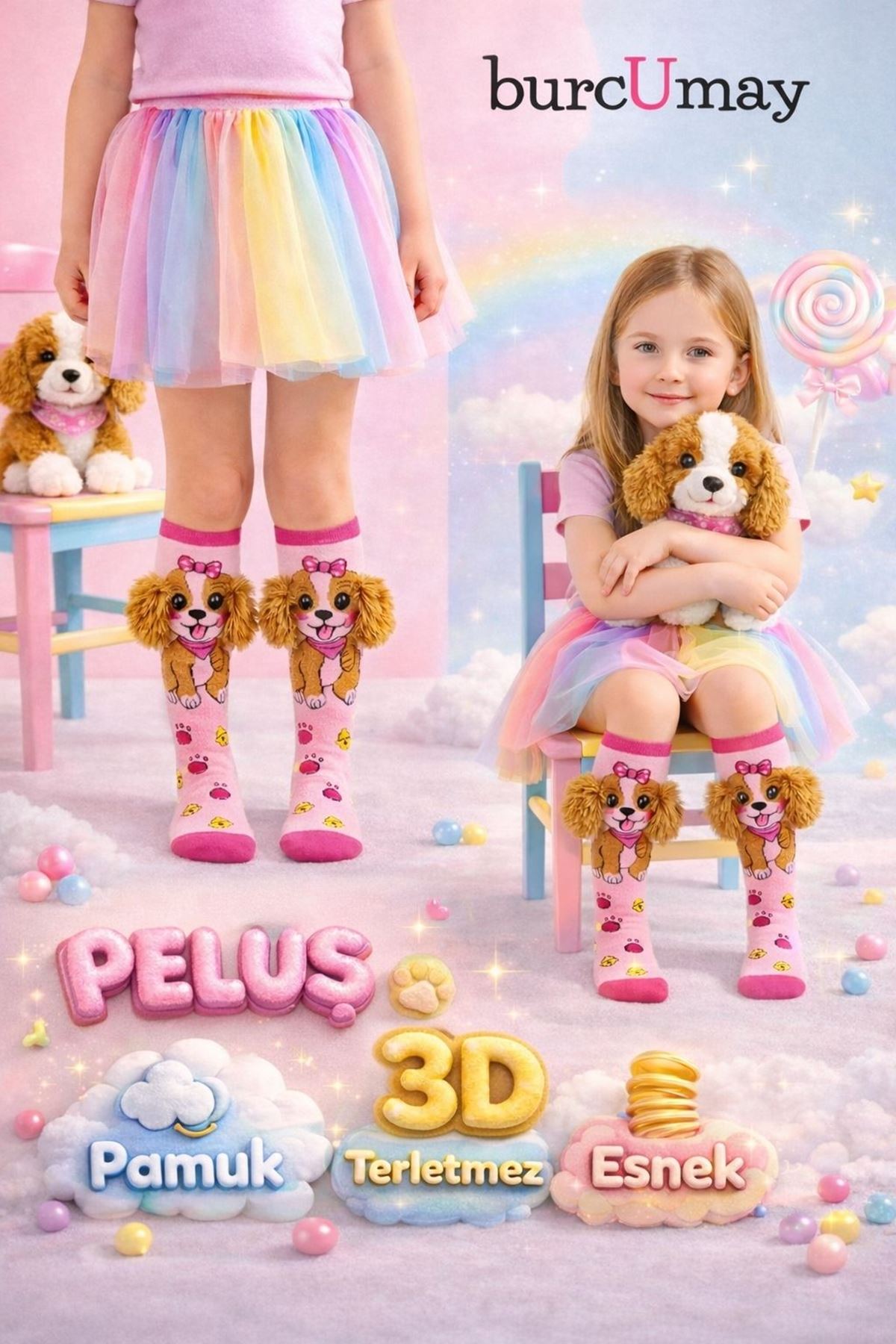 Girls' 3D Plush Ear Dog Knee-High Socks — Pink, 100% Cotton 🐶