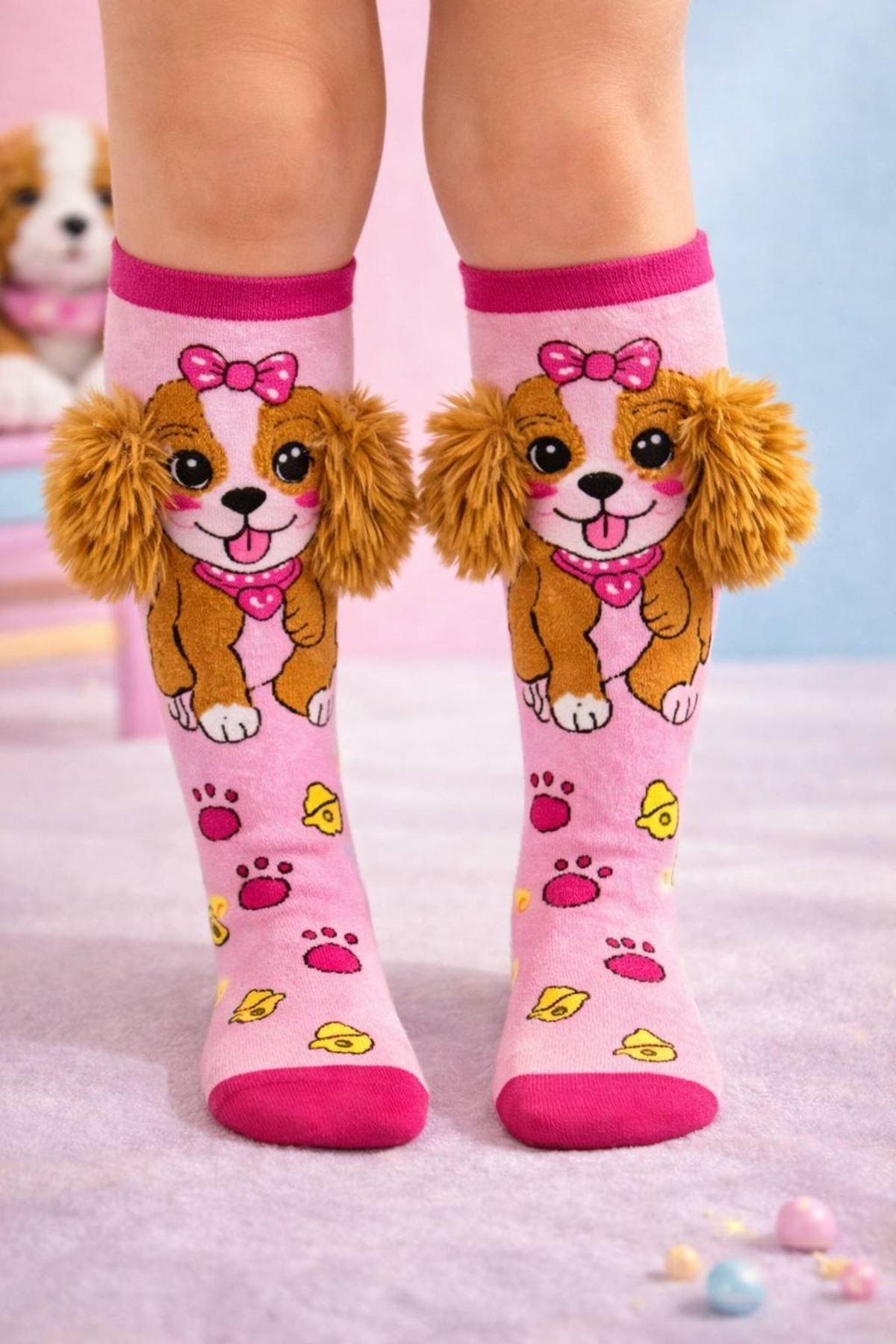 Girls' 3D Plush Ear Dog Knee-High Socks — Pink, 100% Cotton 🐶