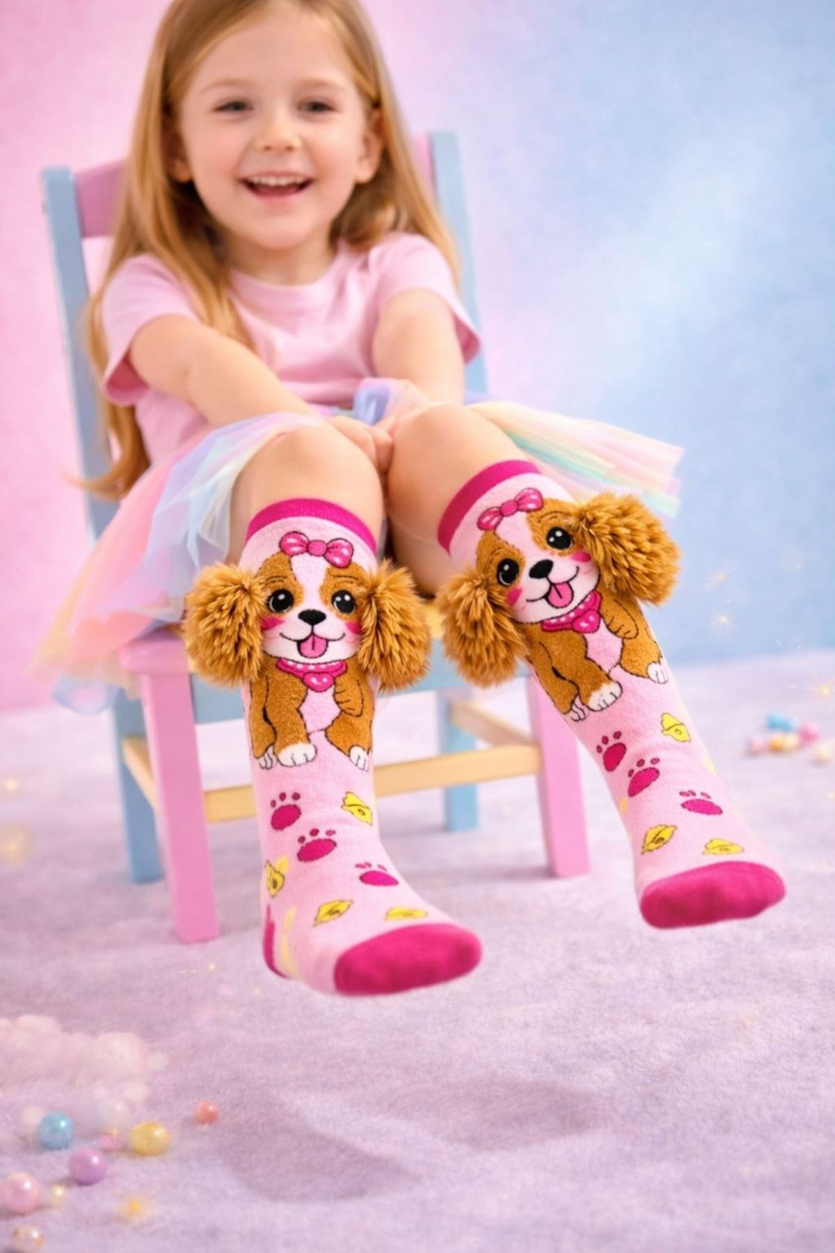 Girls' 3D Plush Ear Dog Knee-High Socks — Pink, 100% Cotton 🐶