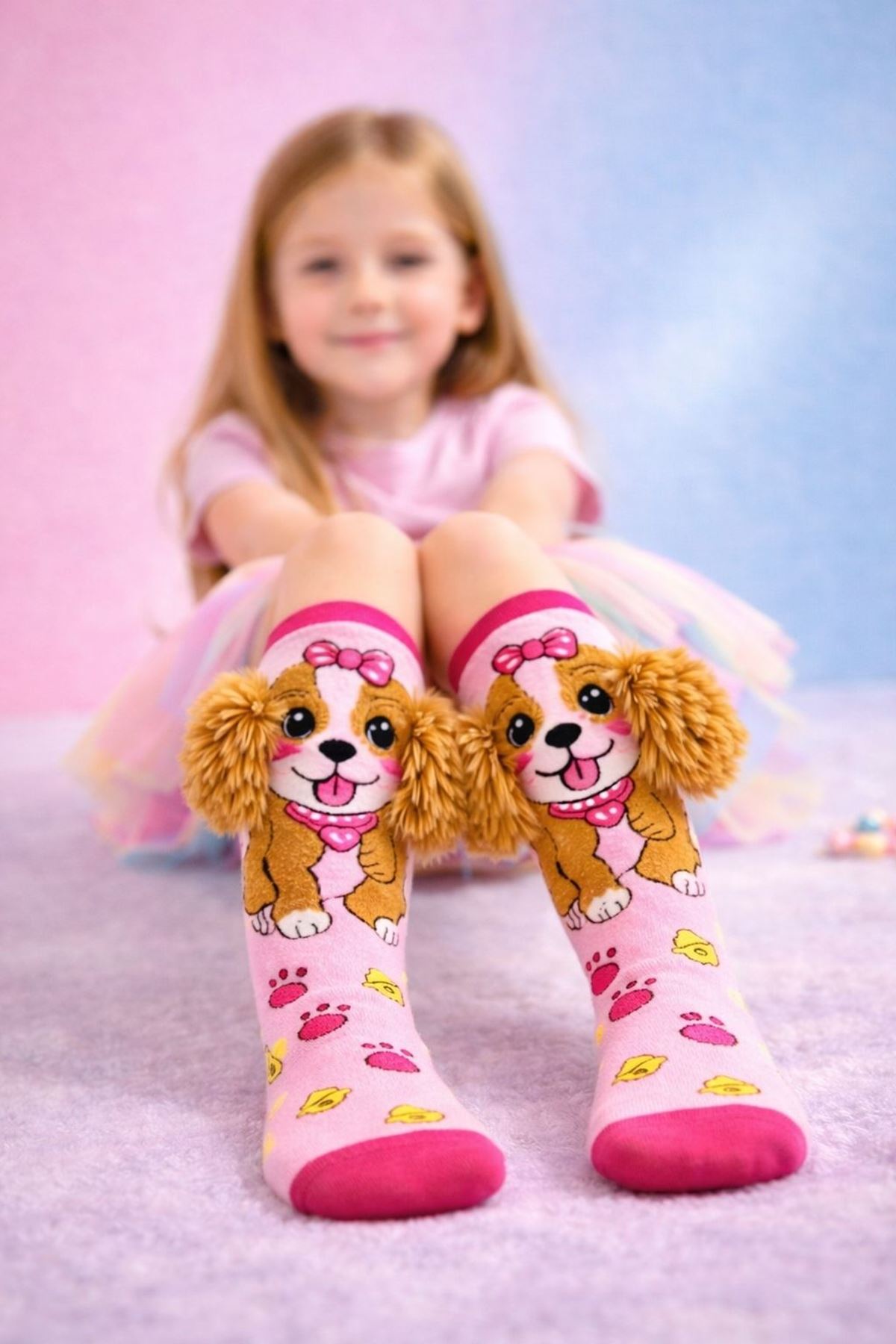 Girls' 3D Plush Ear Dog Knee-High Socks — Pink, 100% Cotton 🐶