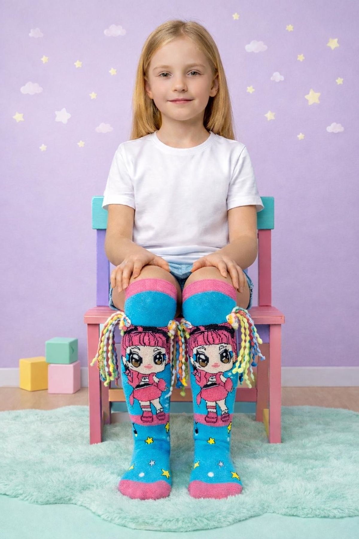 Girls' 3D Rainbow Hair Pop Star Doll Knee-High Socks 🌟