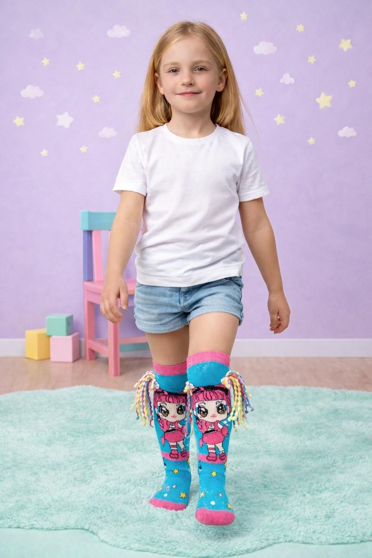 Girls' 3D Rainbow Hair Pop Star Doll Knee-High Socks 🌟