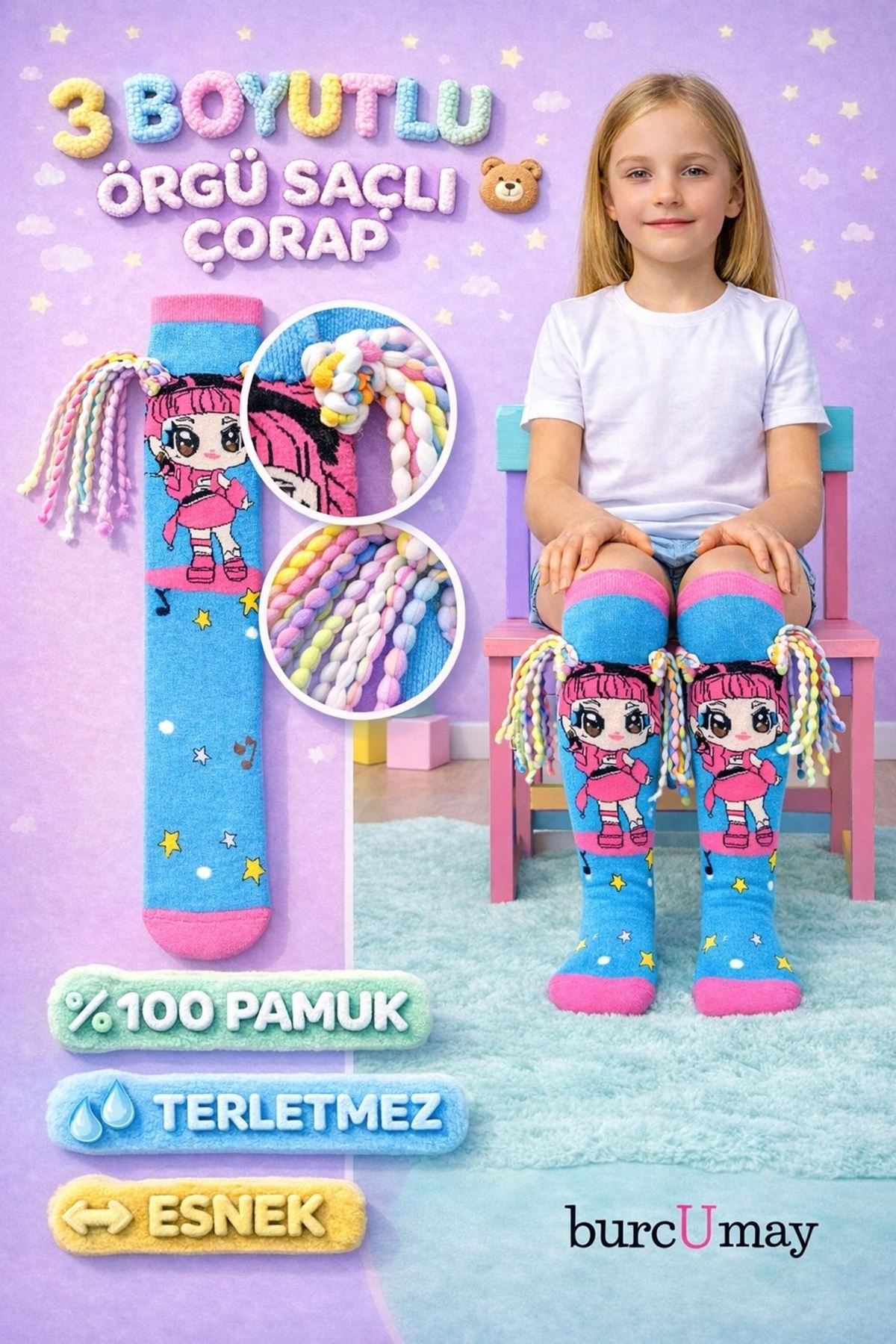 Girls' 3D Rainbow Hair Pop Star Doll Knee-High Socks 🌟