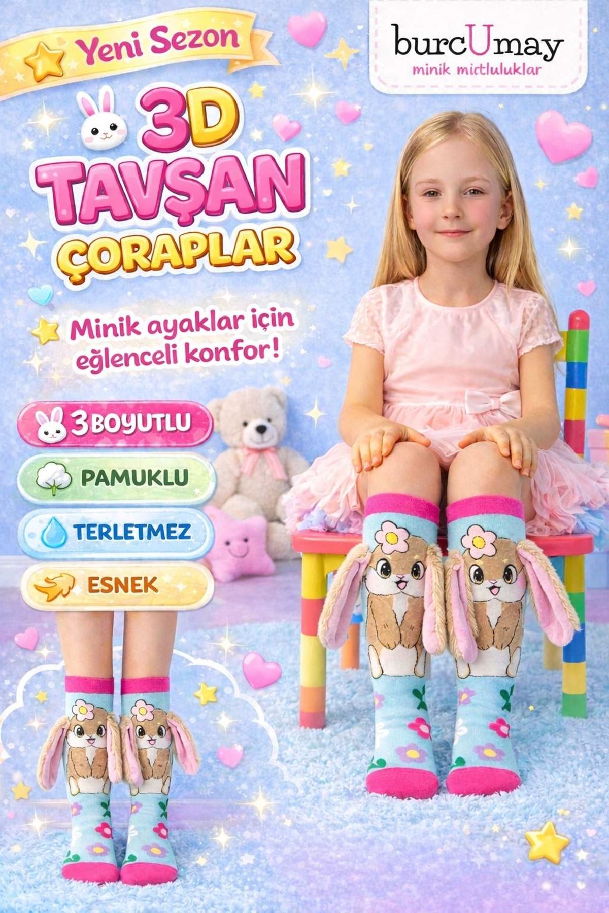 3 Boyutlu Uzun Kulaklı Tavşan Figürlü Kız Çocuk Dizaltı Çorap - Eğlenceli Pamuklu Çorap