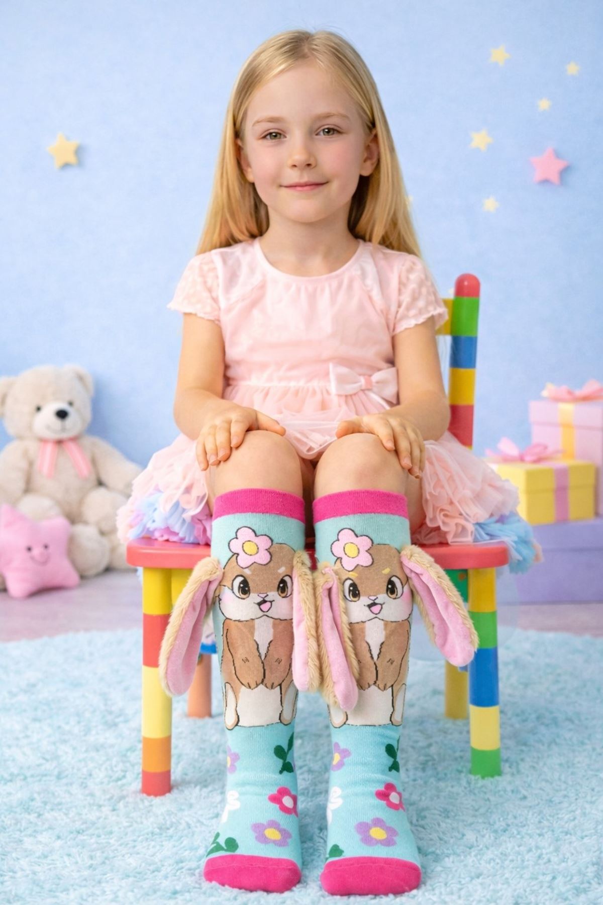 3 Boyutlu Uzun Kulaklı Tavşan Figürlü Kız Çocuk Dizaltı Çorap - Eğlenceli Pamuklu Çorap