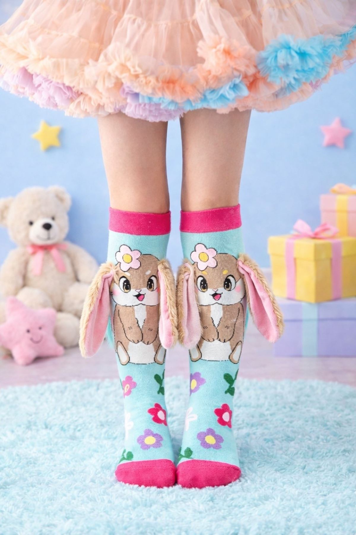 3 Boyutlu Uzun Kulaklı Tavşan Figürlü Kız Çocuk Dizaltı Çorap - Eğlenceli Pamuklu Çorap