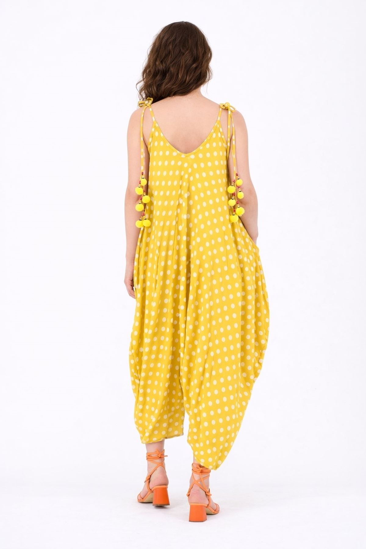 Kadın Puantiyeli Ponpon Detaylı Yazlık Pamuklu Viskon Sarı Hamile Tulum Elbise