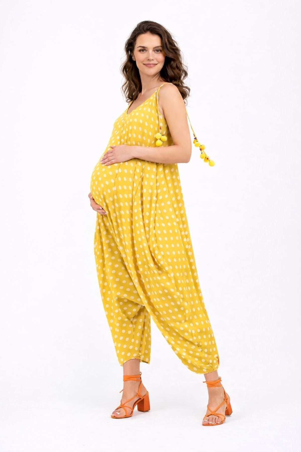 Kadın Puantiyeli Ponpon Detaylı Yazlık Pamuklu Viskon Sarı Hamile Tulum Elbise