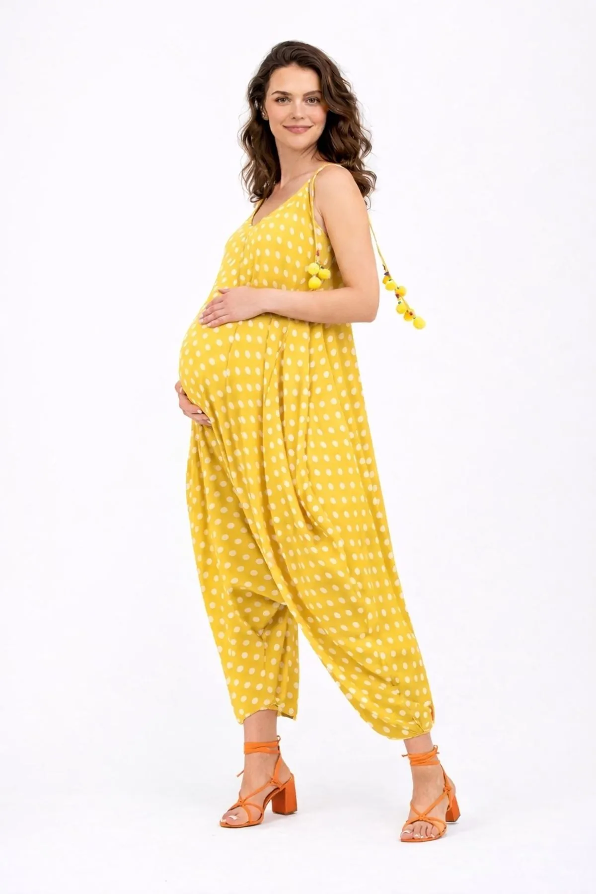Women's Yellow Polka Dot Maternity Jumpsuit Dress — Pom-Pom Detail, Cotton & Viscose