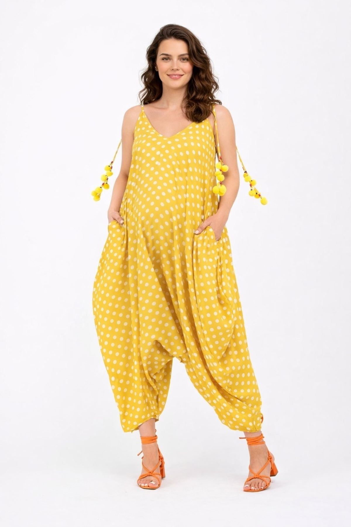 Kadın Puantiyeli Ponpon Detaylı Yazlık Pamuklu Viskon Sarı Hamile Tulum Elbise