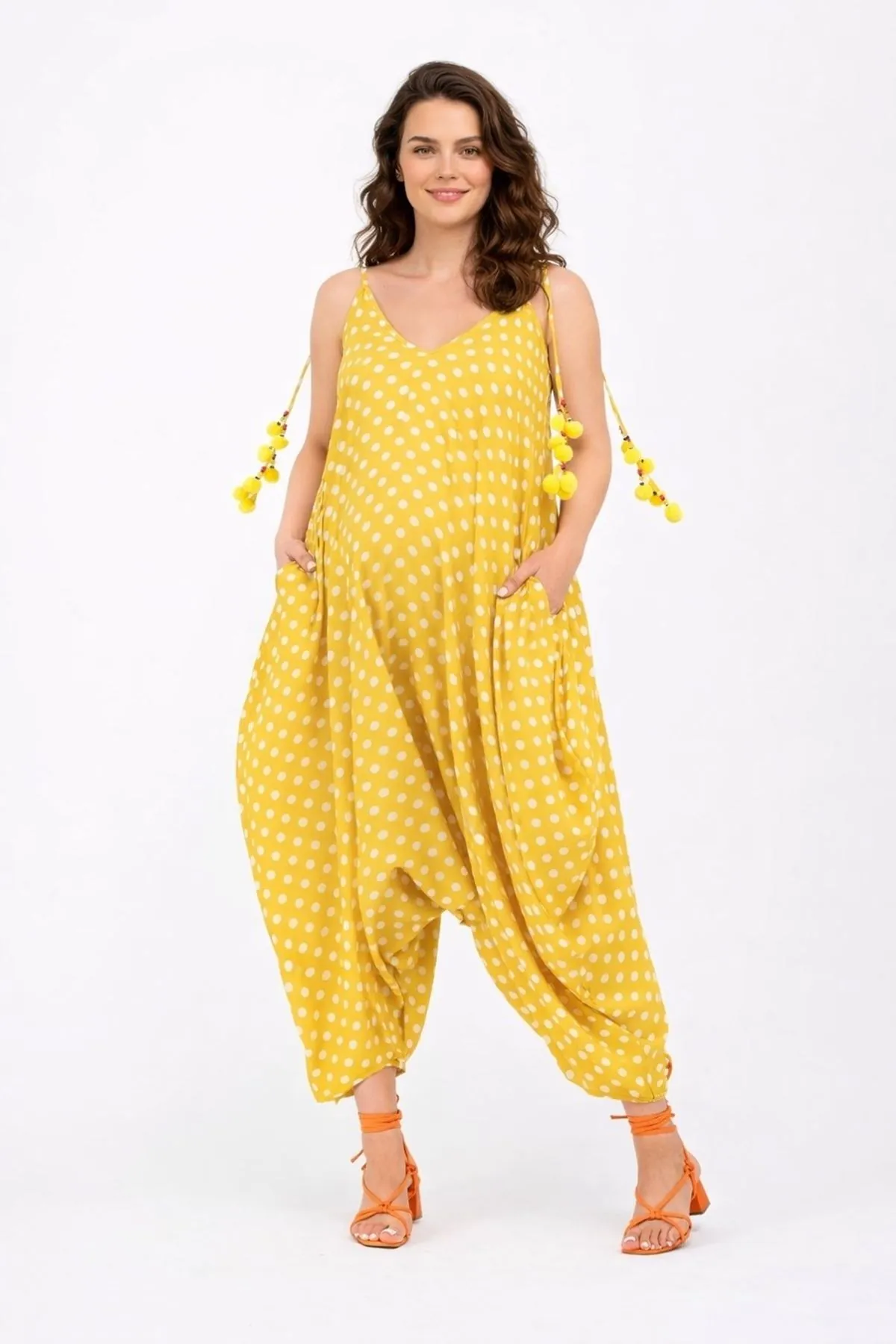 Women's Yellow Polka Dot Maternity Jumpsuit Dress — Pom-Pom Detail, Cotton & Viscose