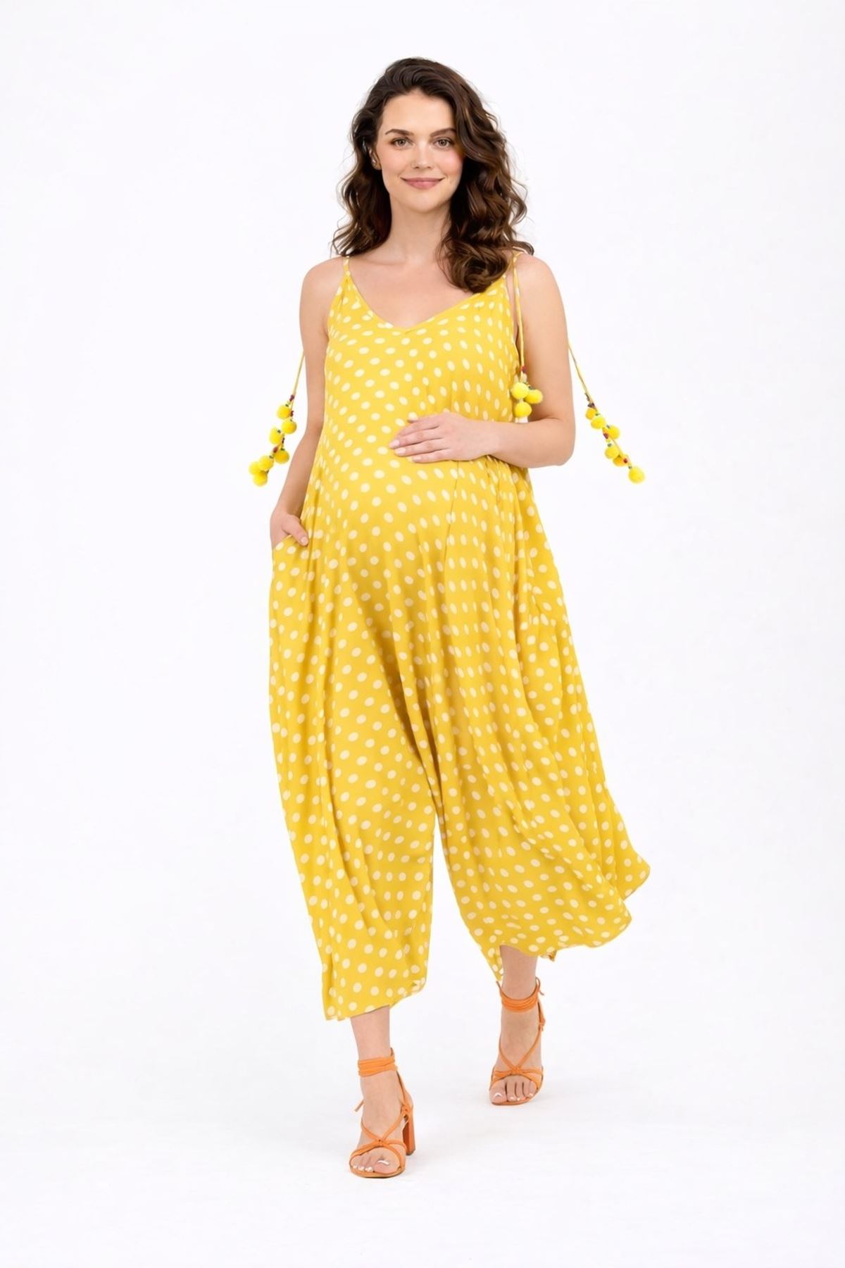 Kadın Puantiyeli Ponpon Detaylı Yazlık Pamuklu Viskon Sarı Hamile Tulum Elbise