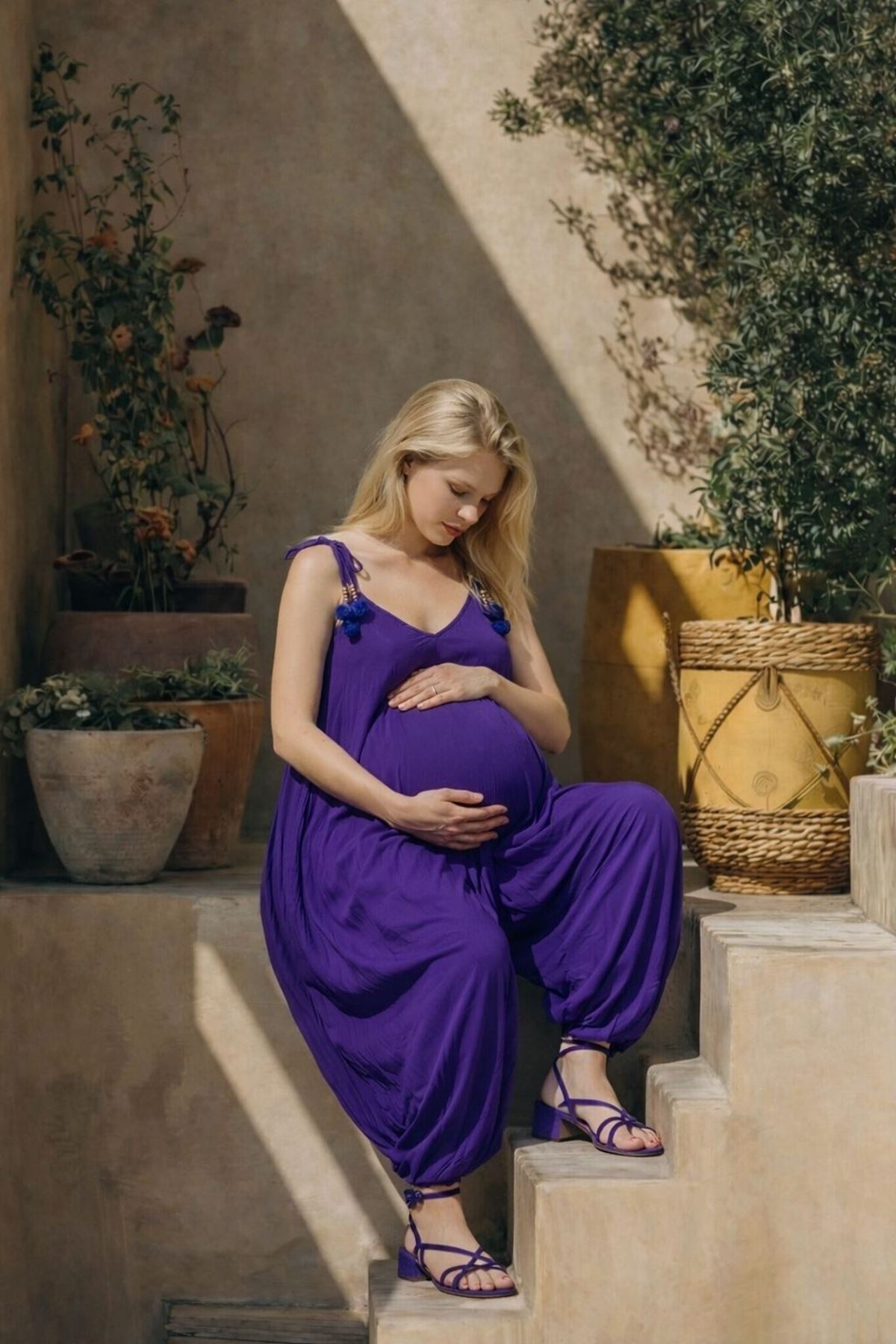 Kadın Ponpon Detaylı Yazlık Pamuklu Viskon Mor Hamile Tulum Elbise