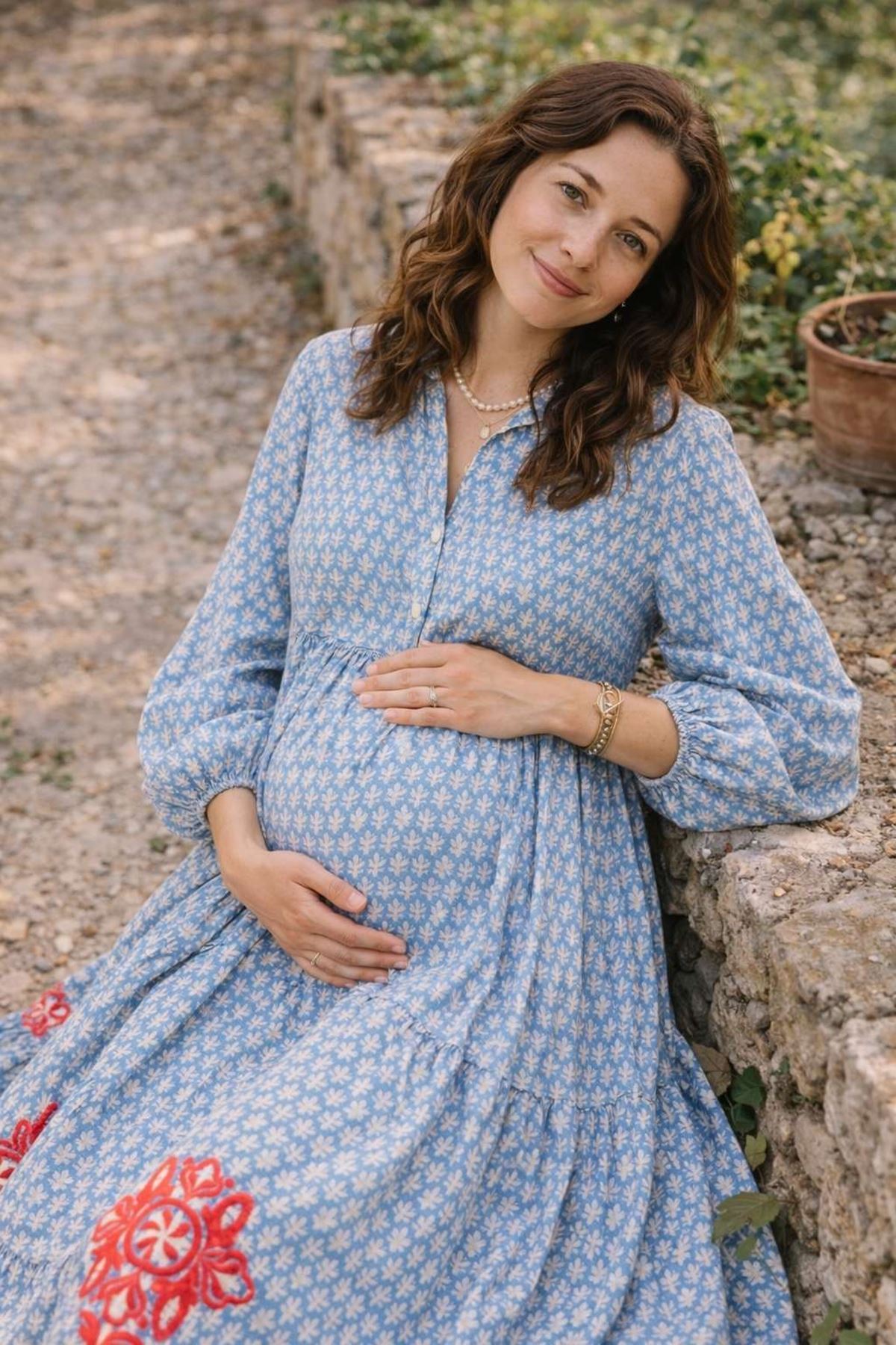 %100 Pamuklu Gizli Cepli ve Nakışlı Desenli Mavi Hamile Gömlek Elbise