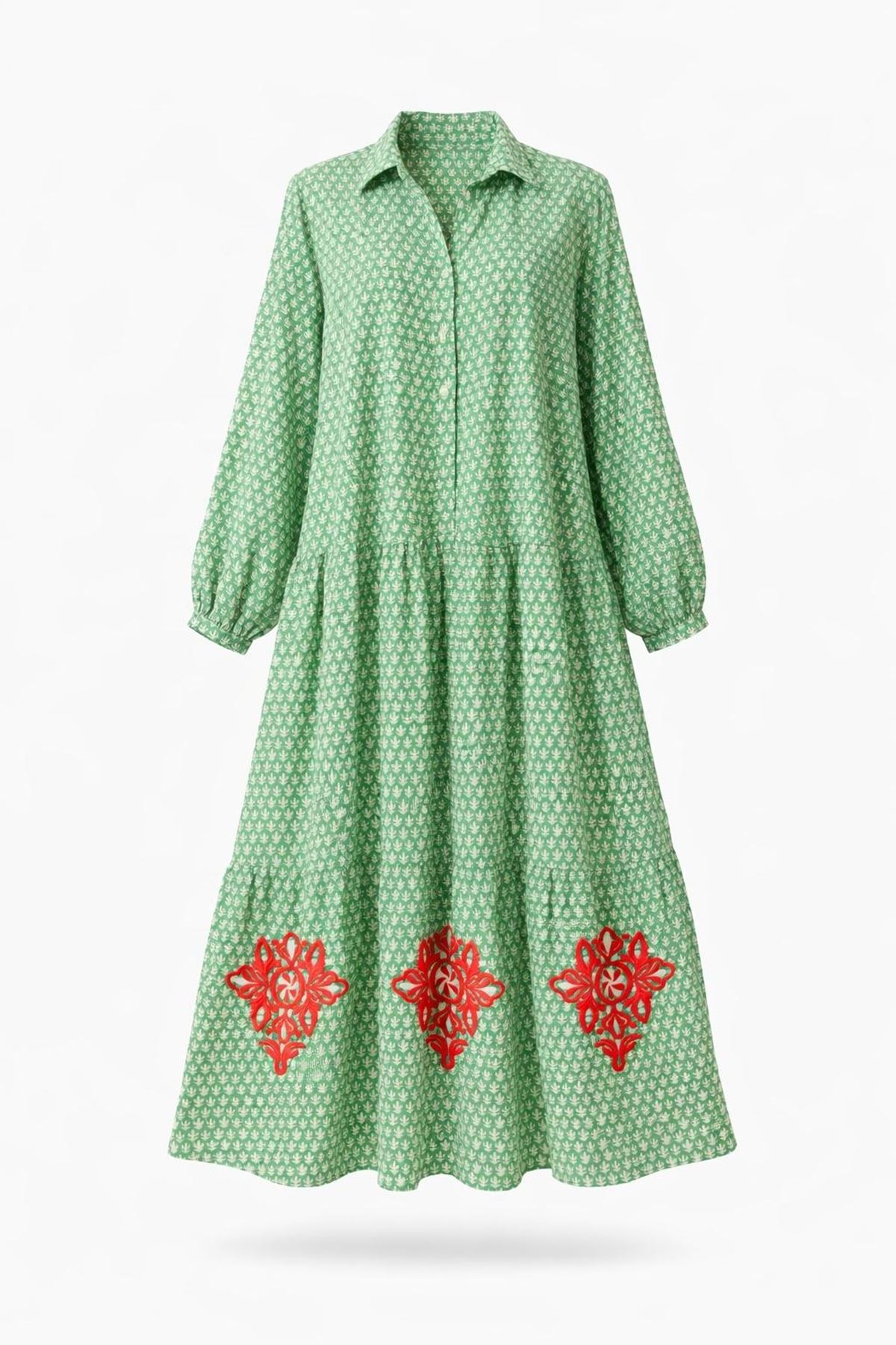 %100 Pamuklu Gizli Cepli ve Nakışlı Desenli Yeşil Hamile Gömlek Elbise